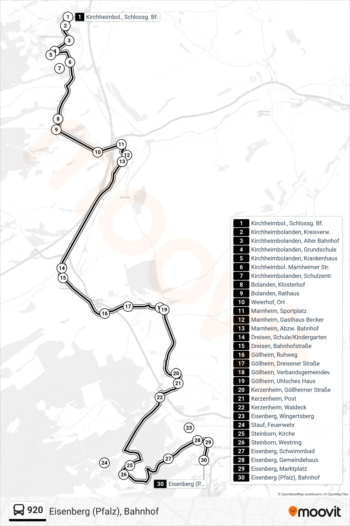 Linie 920 (Bus) Richtung Eisenberg (Pfalz), Bahnhof: Route und Haltestellen auf der Karte