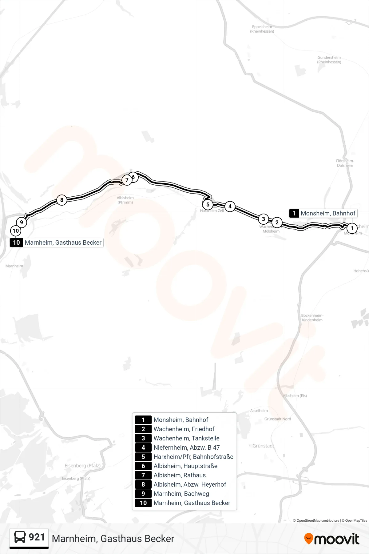 Linie 921 (Bus) Richtung Marnheim, Gasthaus Becker: Route und Haltestellen auf der Karte