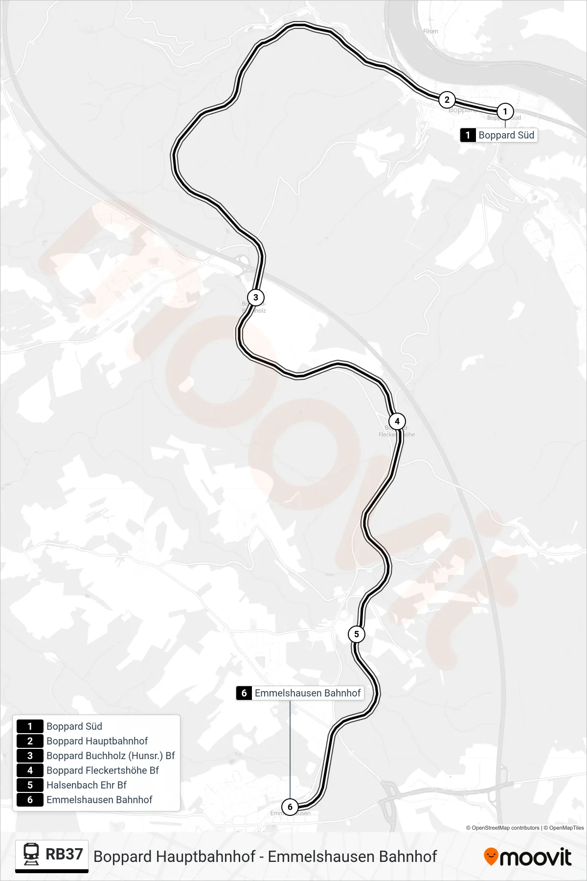 Linie RB37 (Bahn) Richtung Emmelshausen Bahnhof: Route und Haltestellen auf der Karte