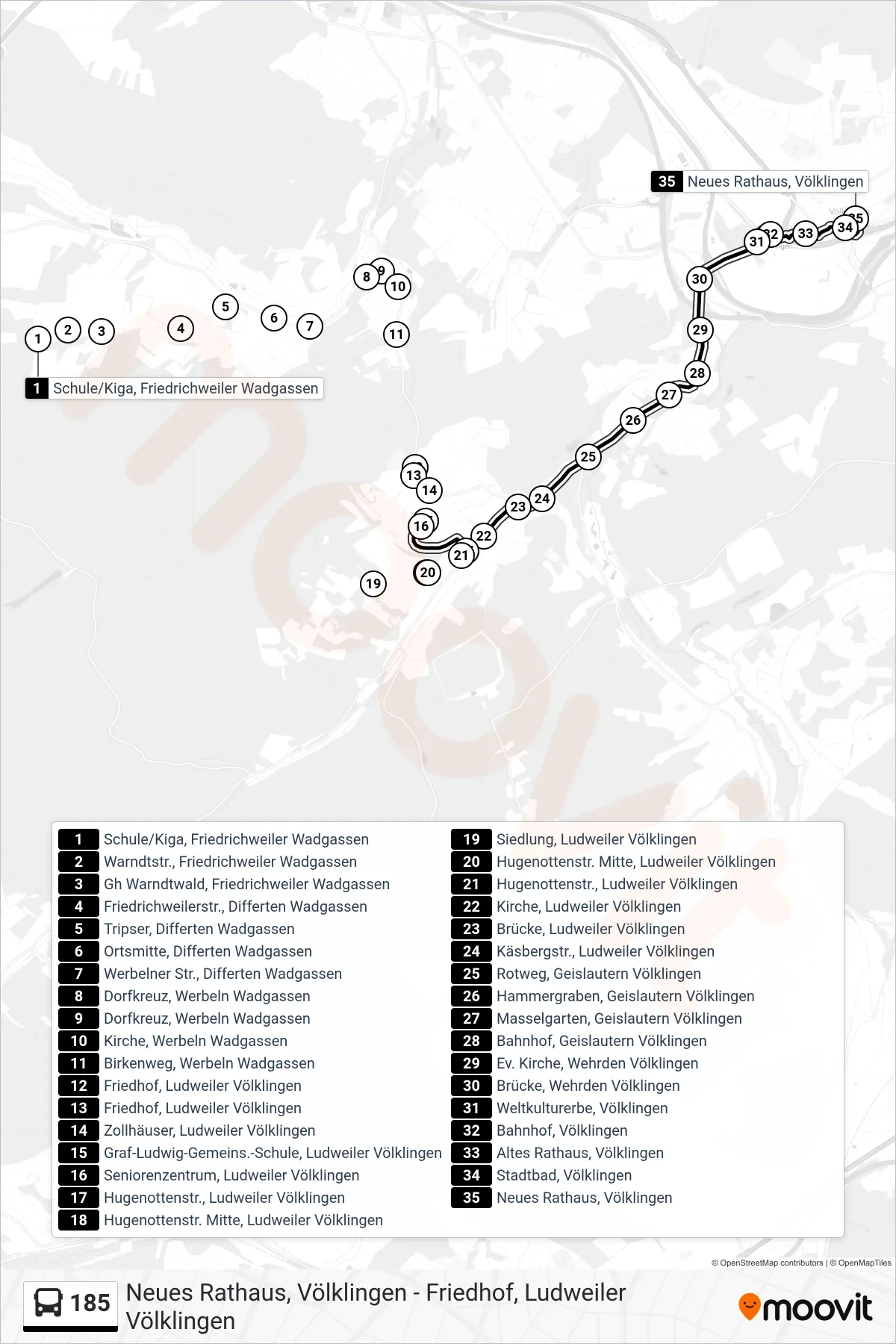 185 bus Line (Neues Rathaus, Völklingen) route and stops on a map