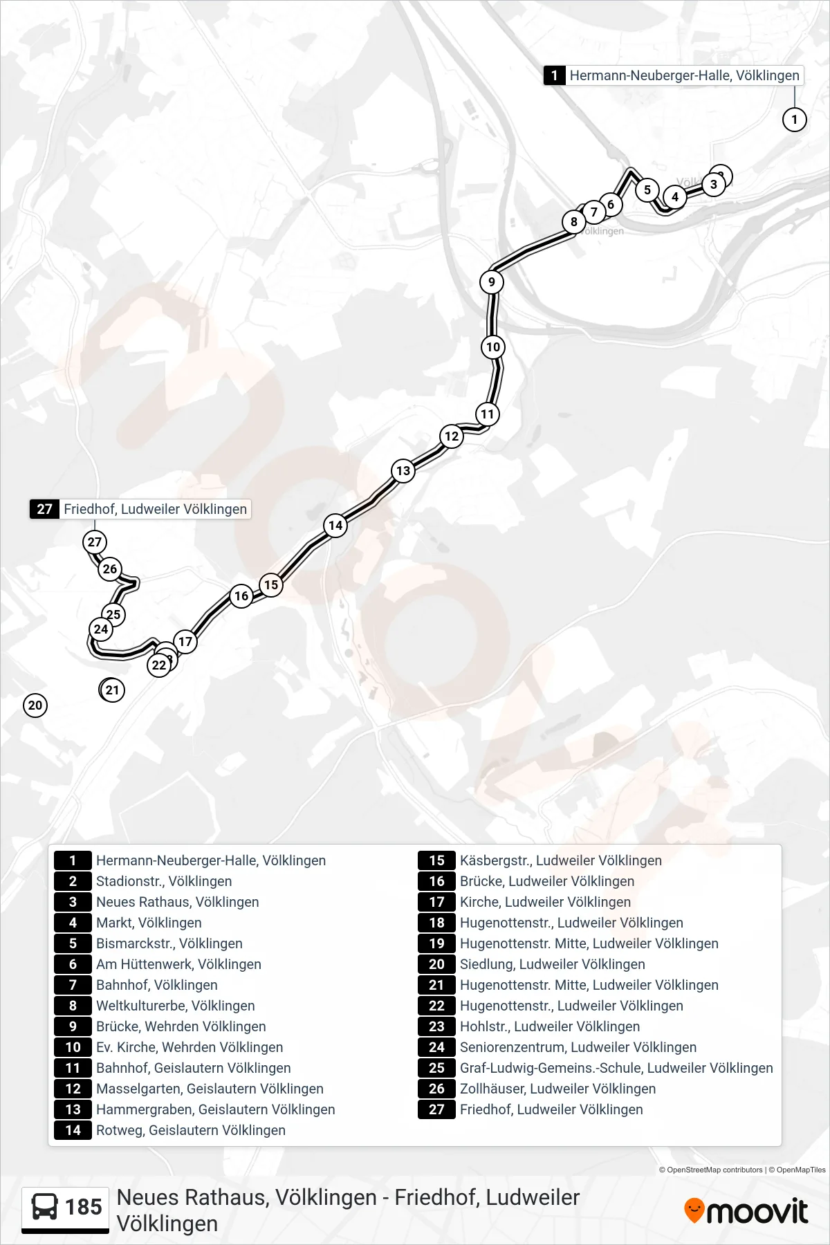 185 bus Line (Friedhof, Ludweiler Völklingen) route and stops on a map