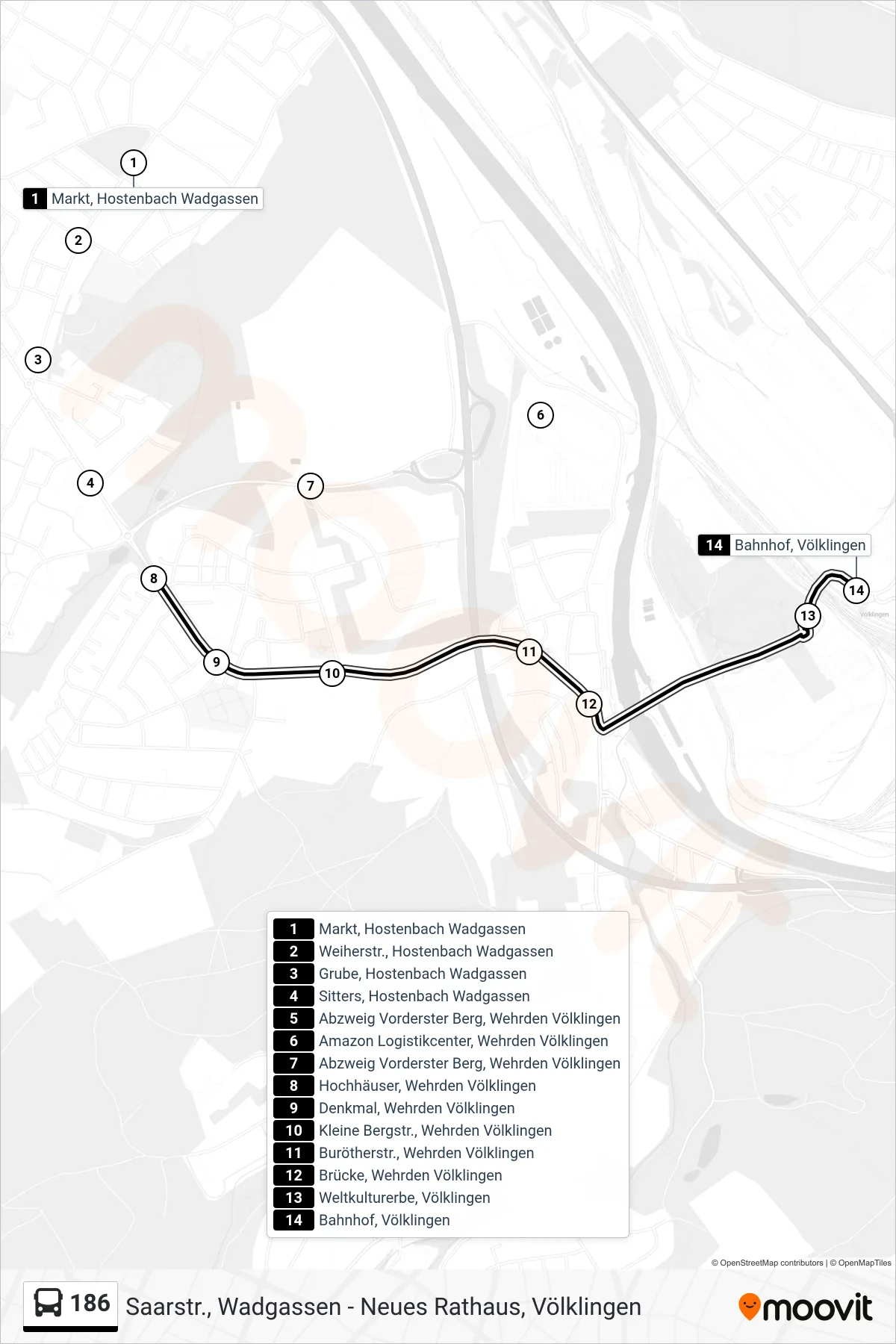 186 bus Line (Bahnhof, Völklingen) route and stops on a map