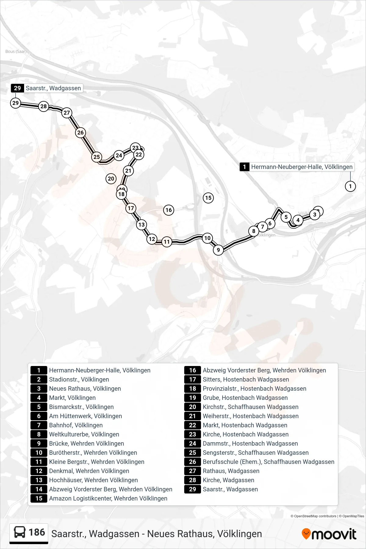 186 bus Line (Saarstr., Wadgassen) route and stops on a map