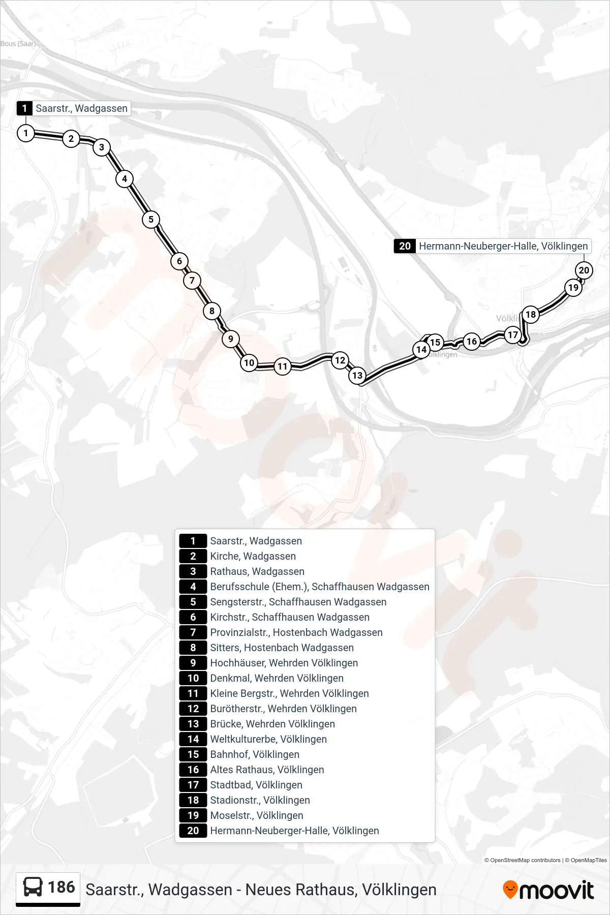 Linie 186 (Bus) Richtung Hermann-Neuberger-Halle, Völklingen: Route und Haltestellen auf der Karte