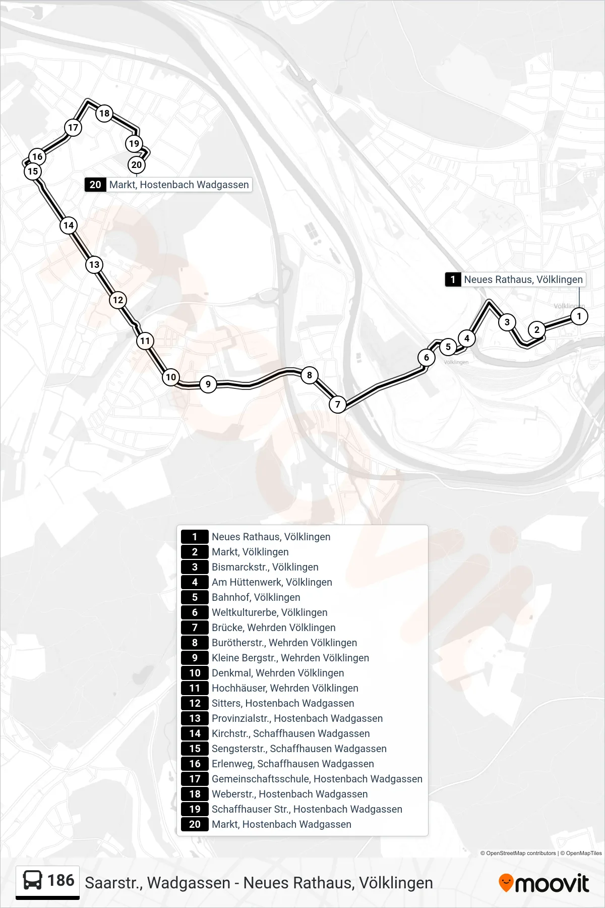 186 bus Line (Markt, Hostenbach Wadgassen) route and stops on a map