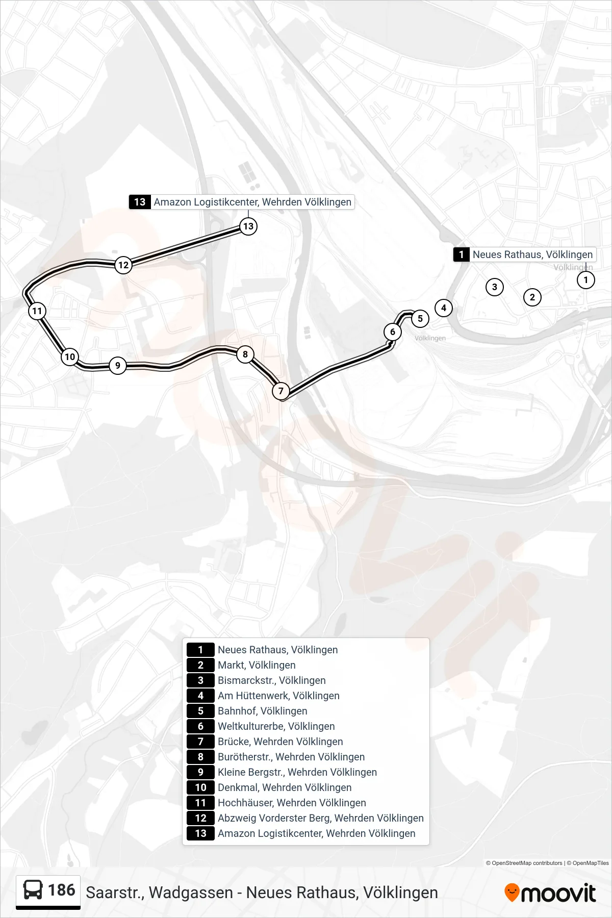 186 bus Line (Amazon Logistikcenter, Wehrden Völklingen) route and stops on a map