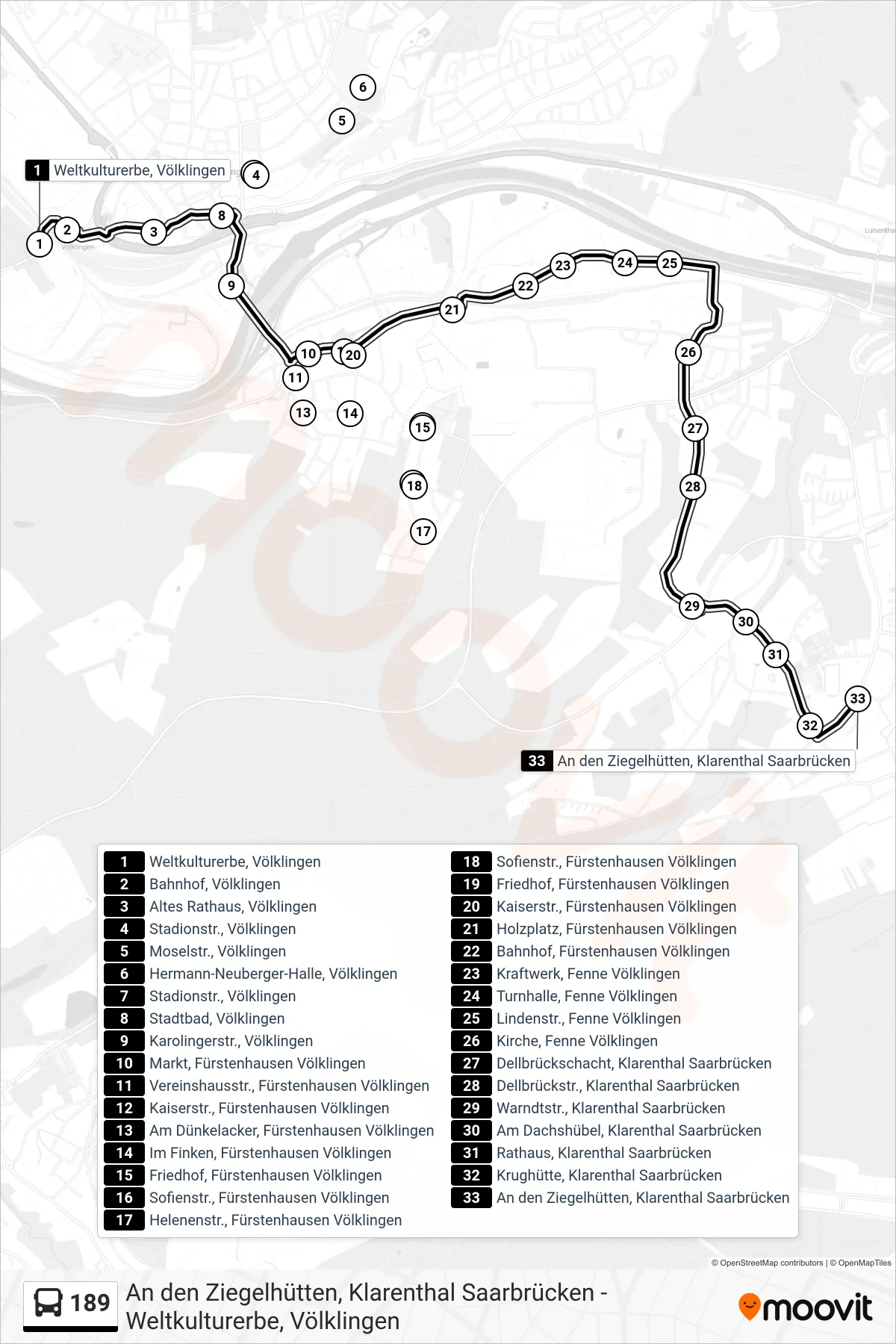 189 bus Line (An den Ziegelhütten, Klarenthal Saarbrücken) route and stops on a map