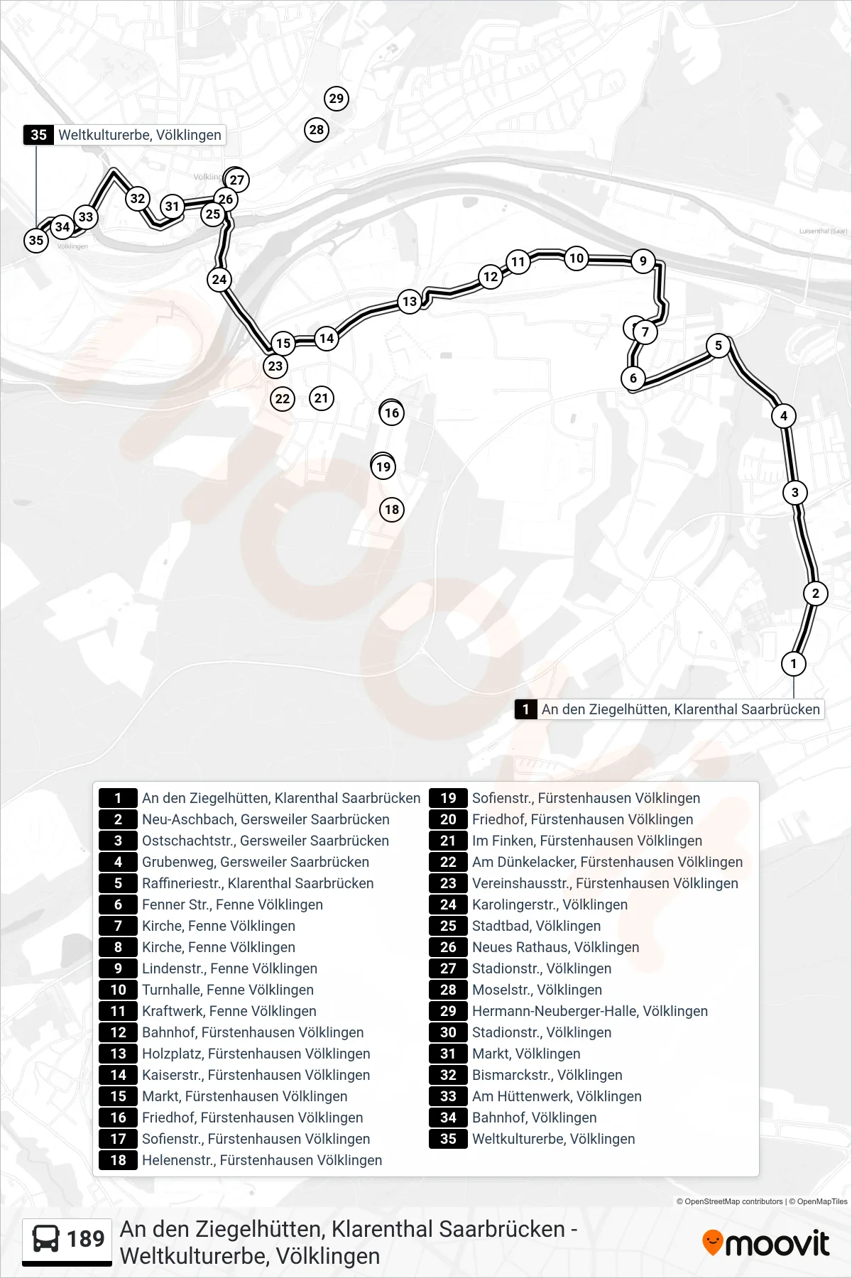 189 bus Line (Weltkulturerbe, Völklingen) route and stops on a map