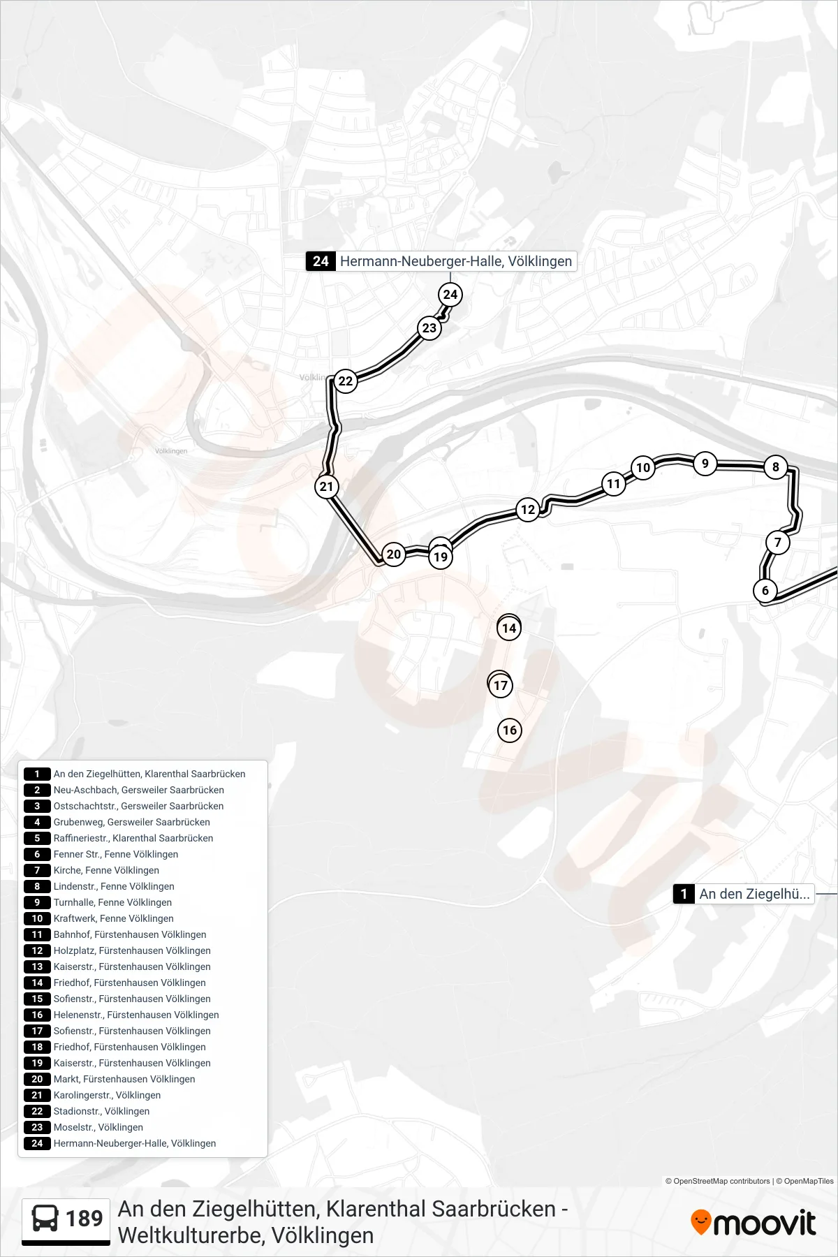 189 bus Line (Hermann-Neuberger-Halle, Völklingen) route and stops on a map
