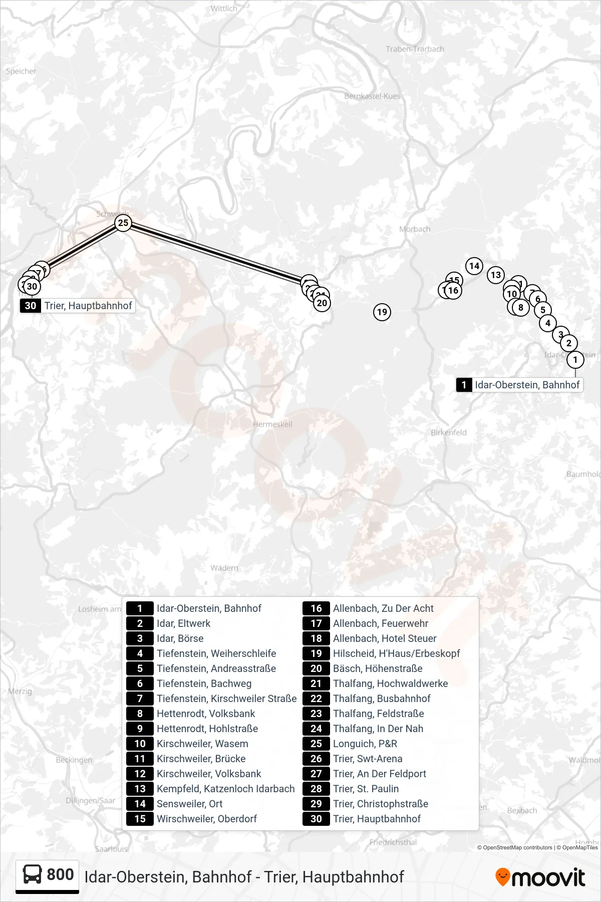 Linie 800 (Bus) Richtung Trier, Hauptbahnhof: Route und Haltestellen auf der Karte