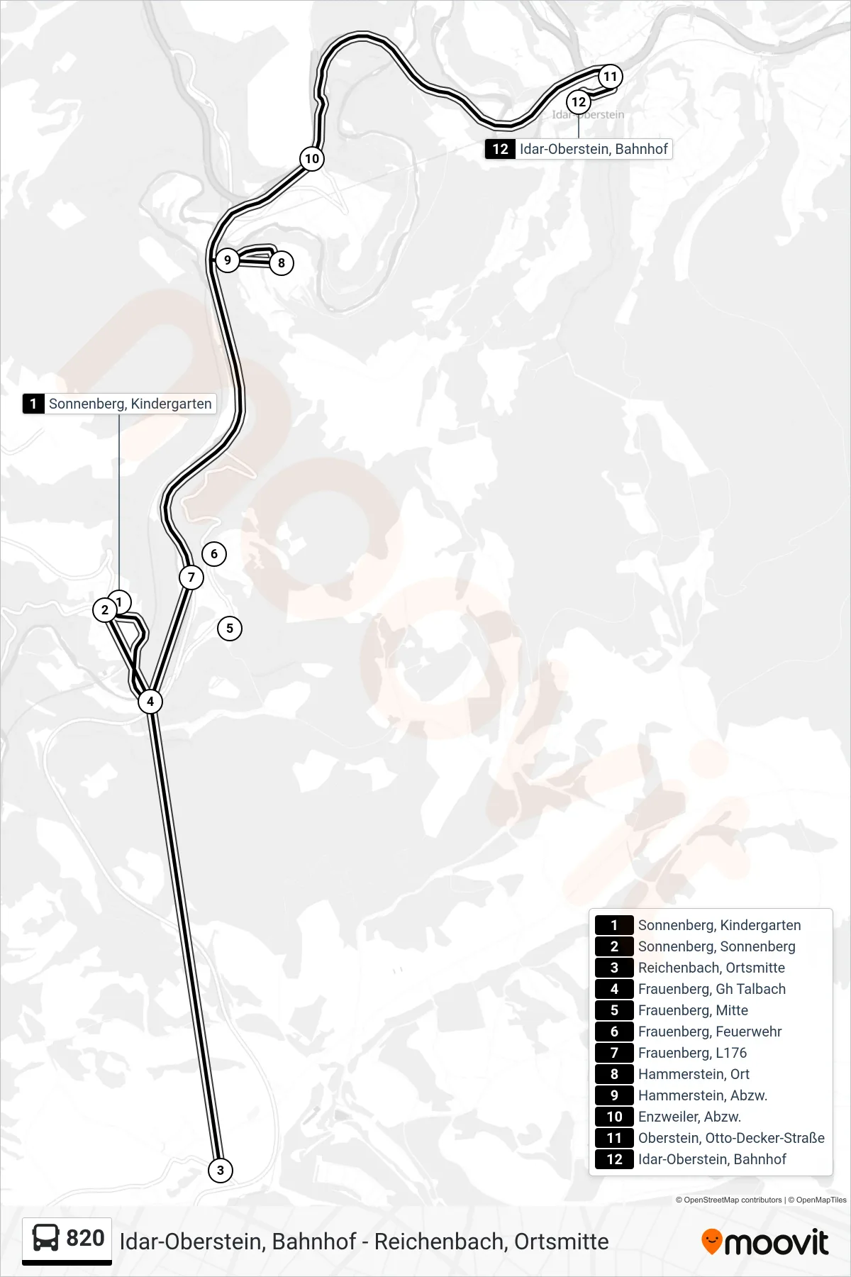 Linie 820 (Bus) Richtung Idar-Oberstein, Bahnhof: Route und Haltestellen auf der Karte