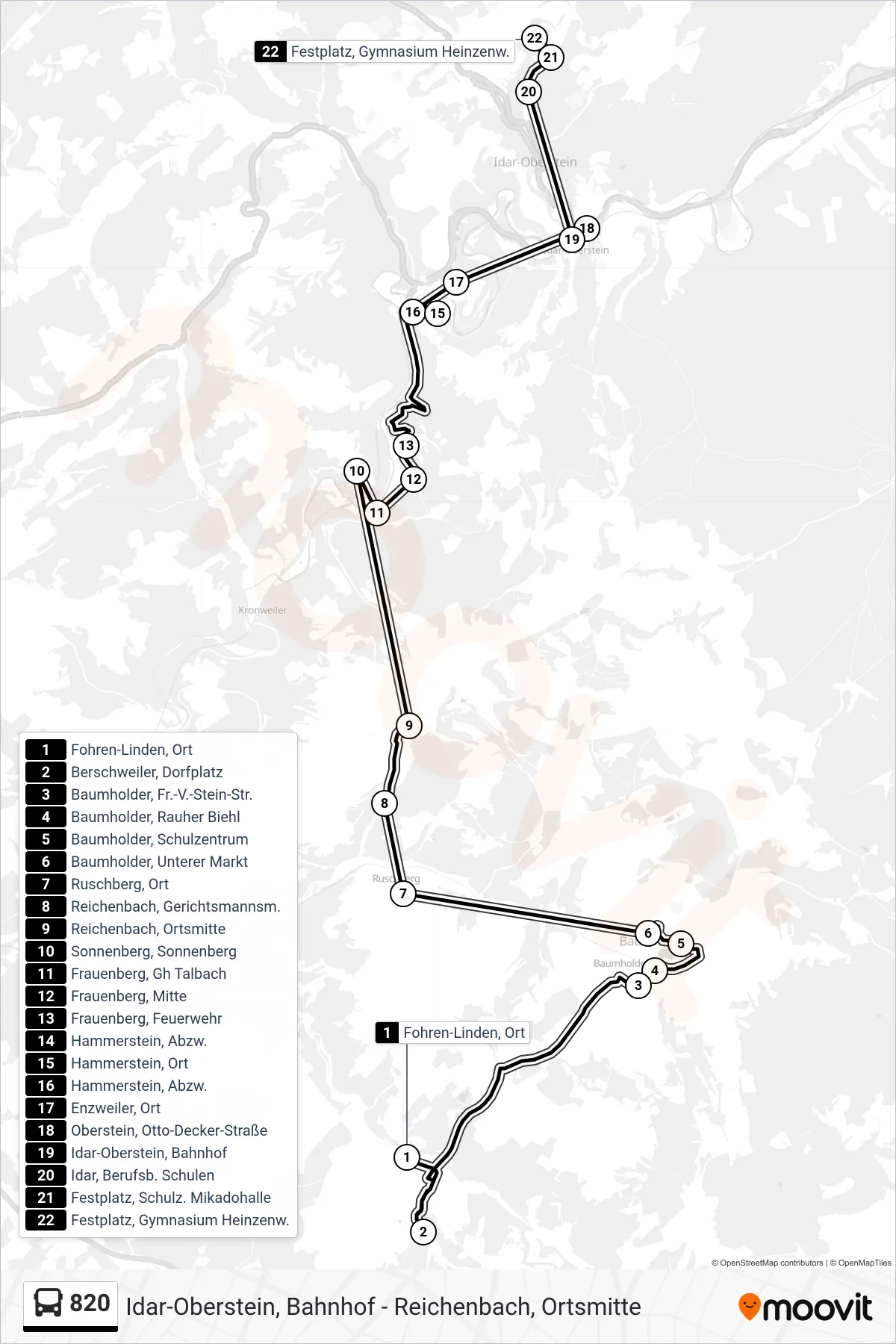 820 bus Line (Festplatz, Gymnasium Heinzenw.) route and stops on a map