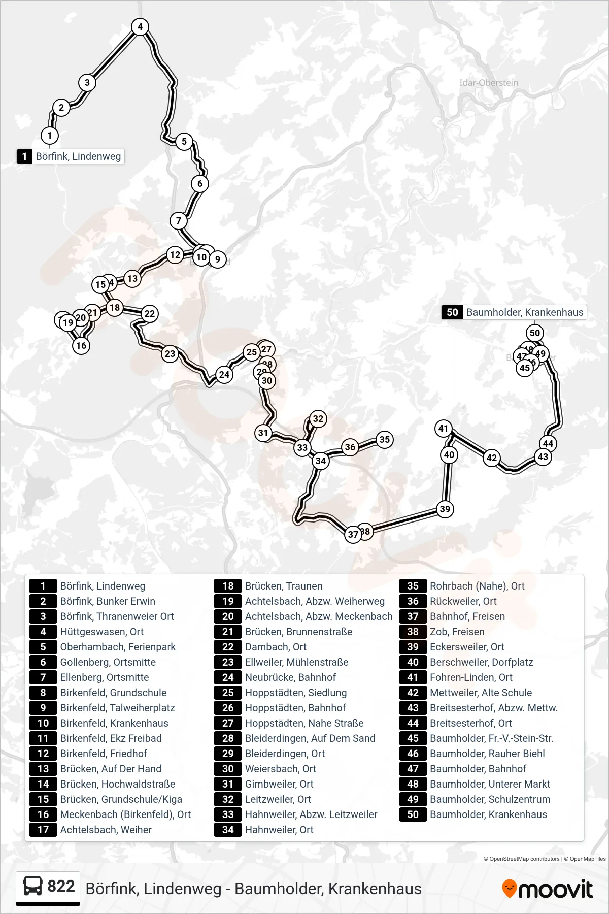 822 bus Line (Baumholder, Krankenhaus) route and stops on a map