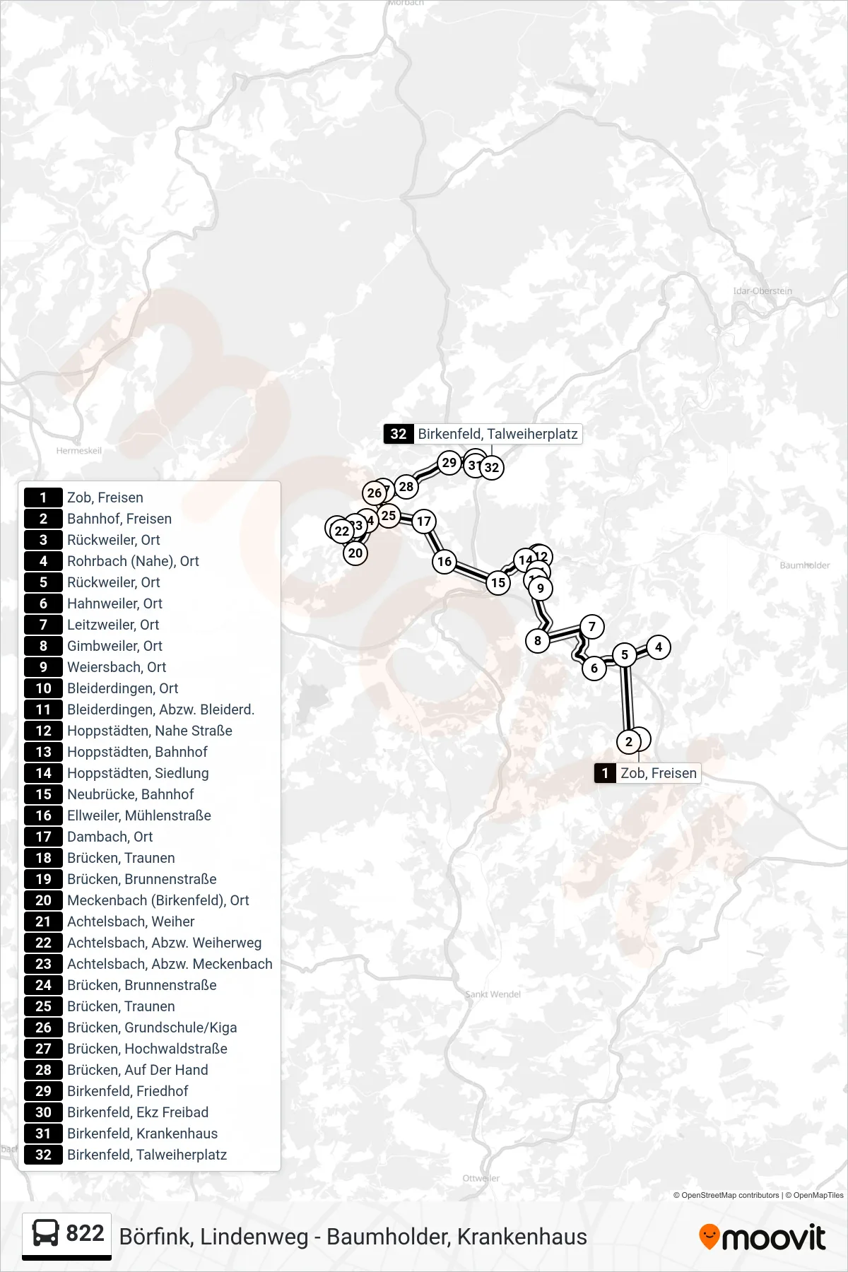 822 bus Line (Birkenfeld, Talweiherplatz) route and stops on a map