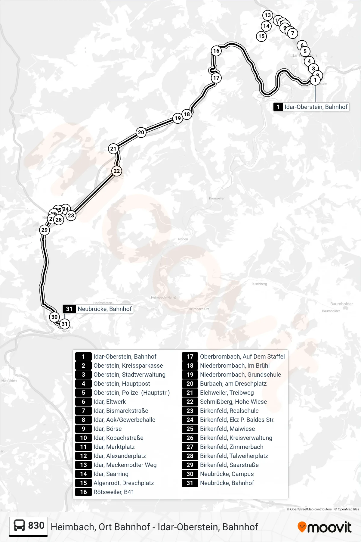 830 bus Line (Neubrücke, Bahnhof) route and stops on a map
