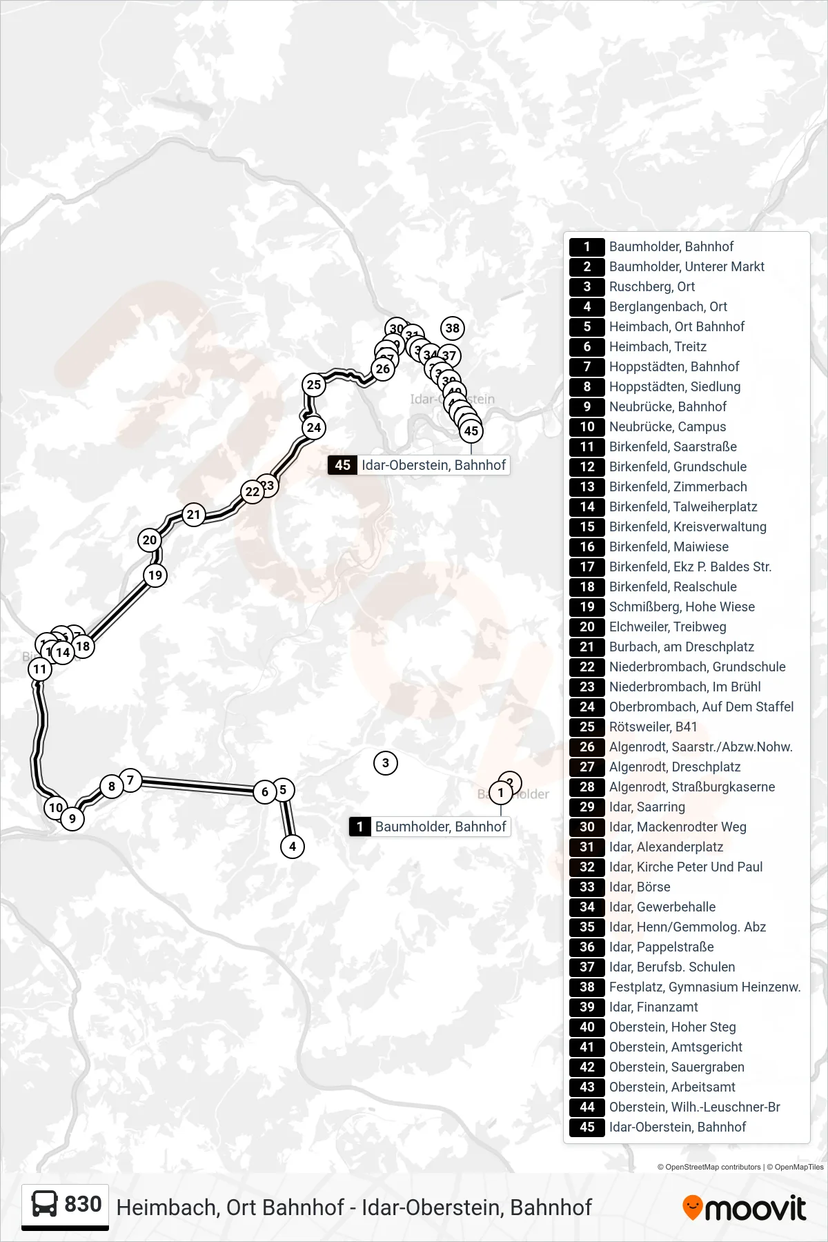 830 bus Line (Idar-Oberstein, Bahnhof) route and stops on a map