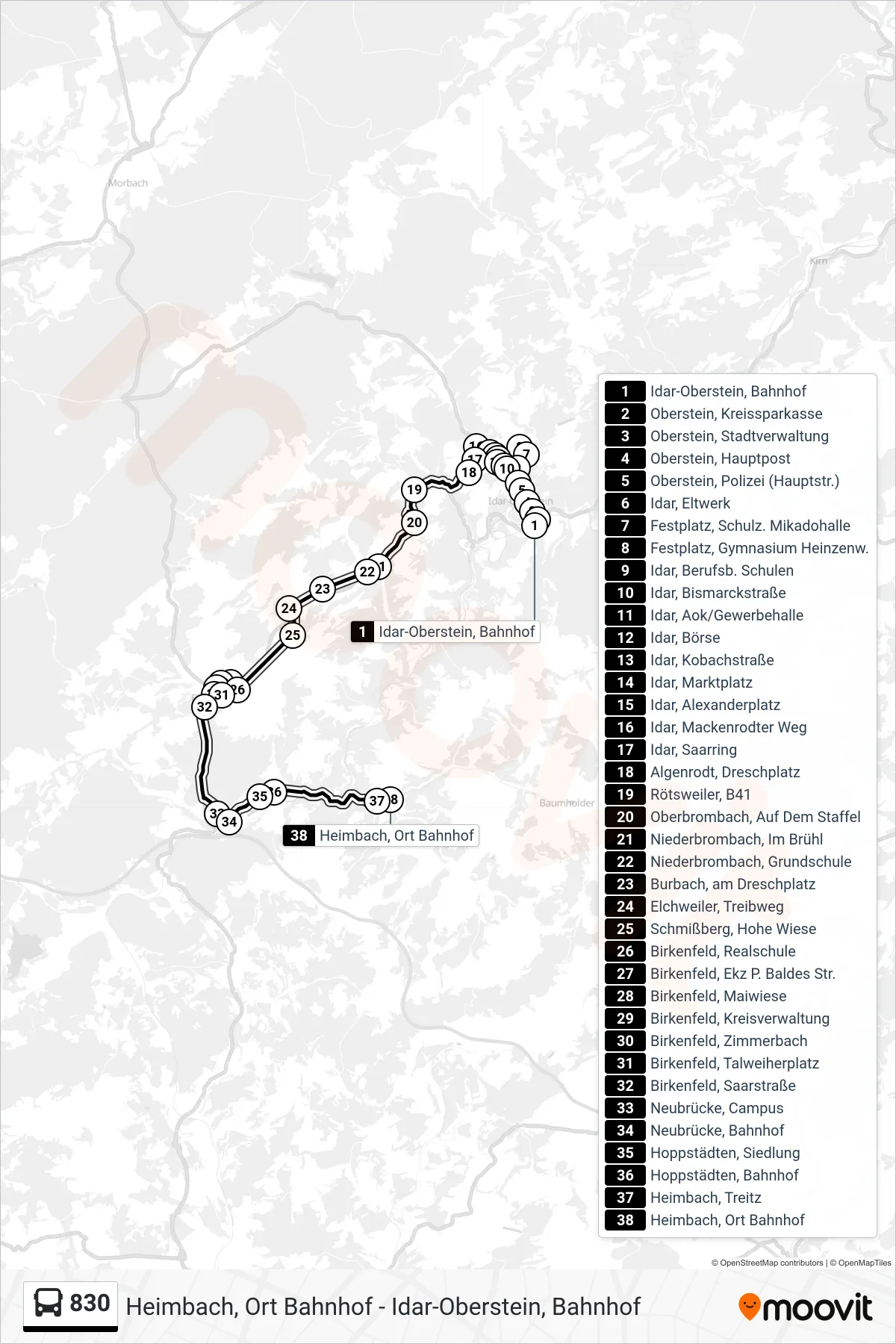 830 bus Line (Heimbach, Ort Bahnhof) route and stops on a map