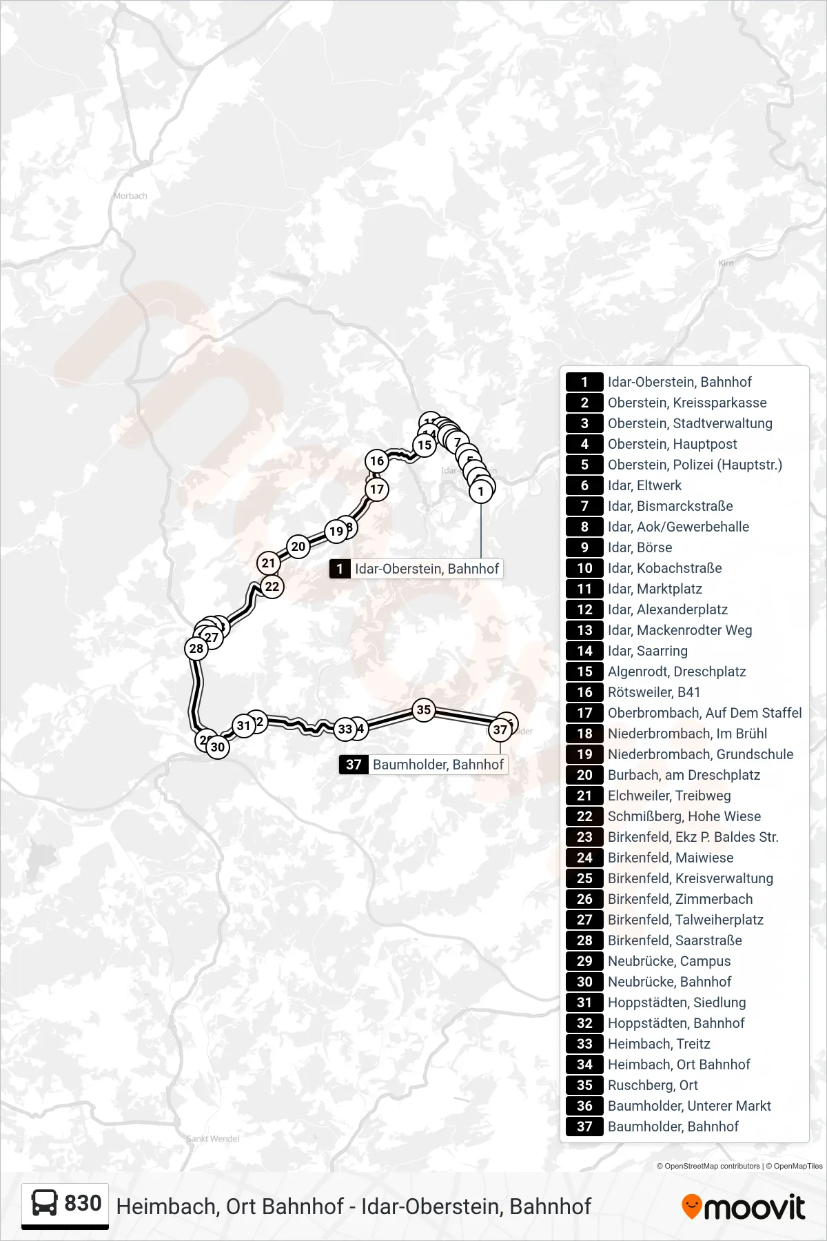 830 bus Line (Baumholder, Bahnhof) route and stops on a map