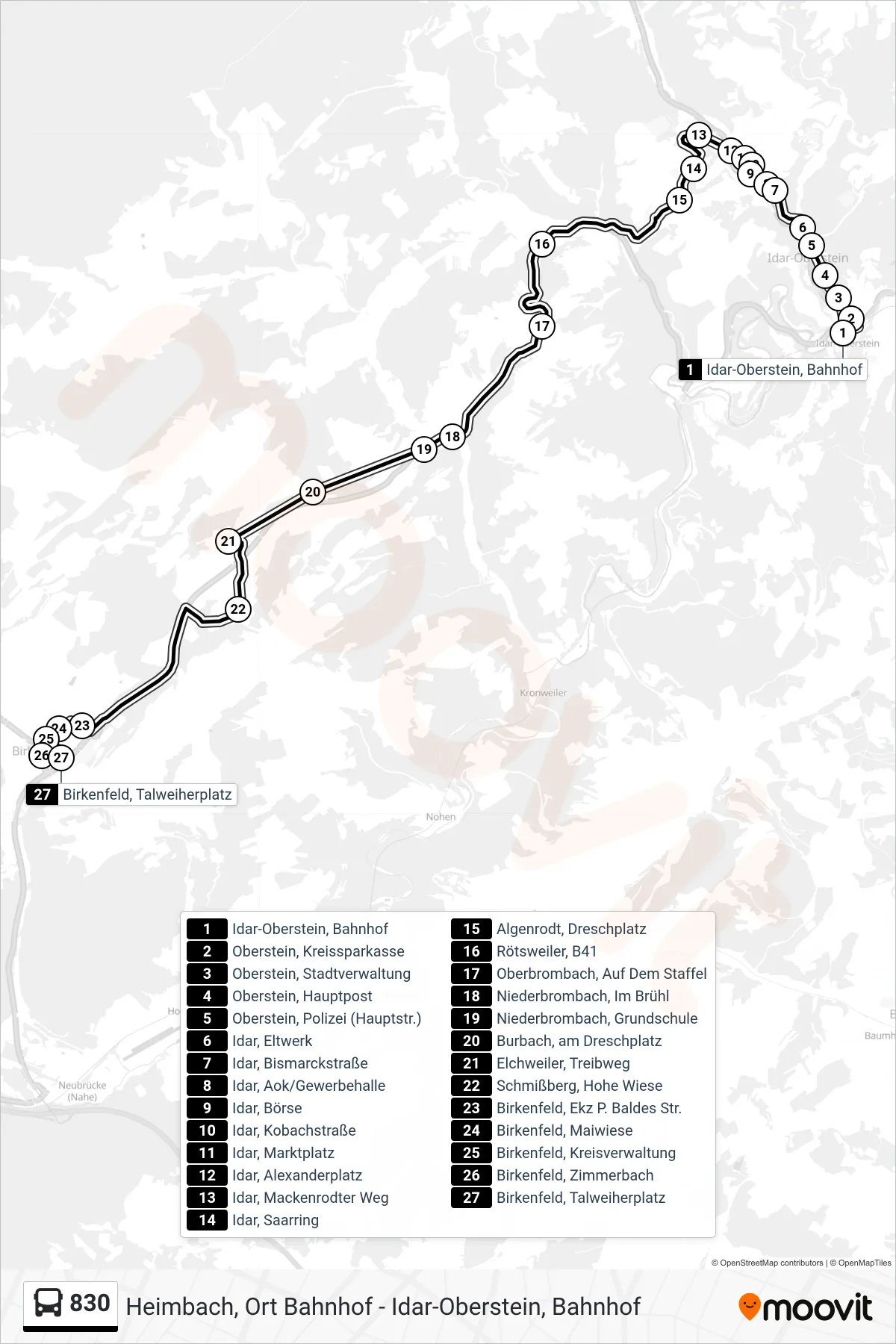 830 bus Line (Birkenfeld, Talweiherplatz) route and stops on a map