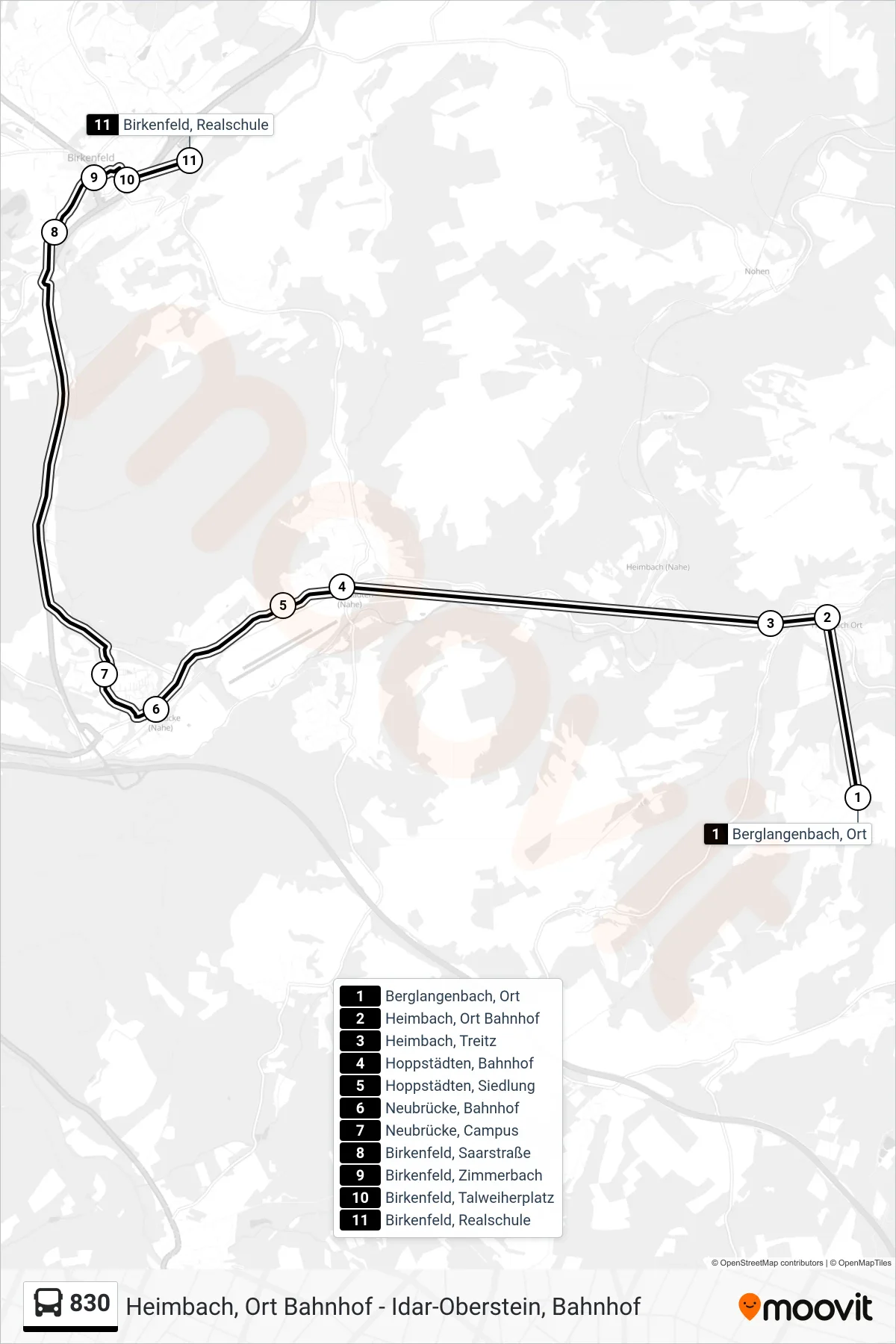 830 bus Line (Birkenfeld, Realschule) route and stops on a map