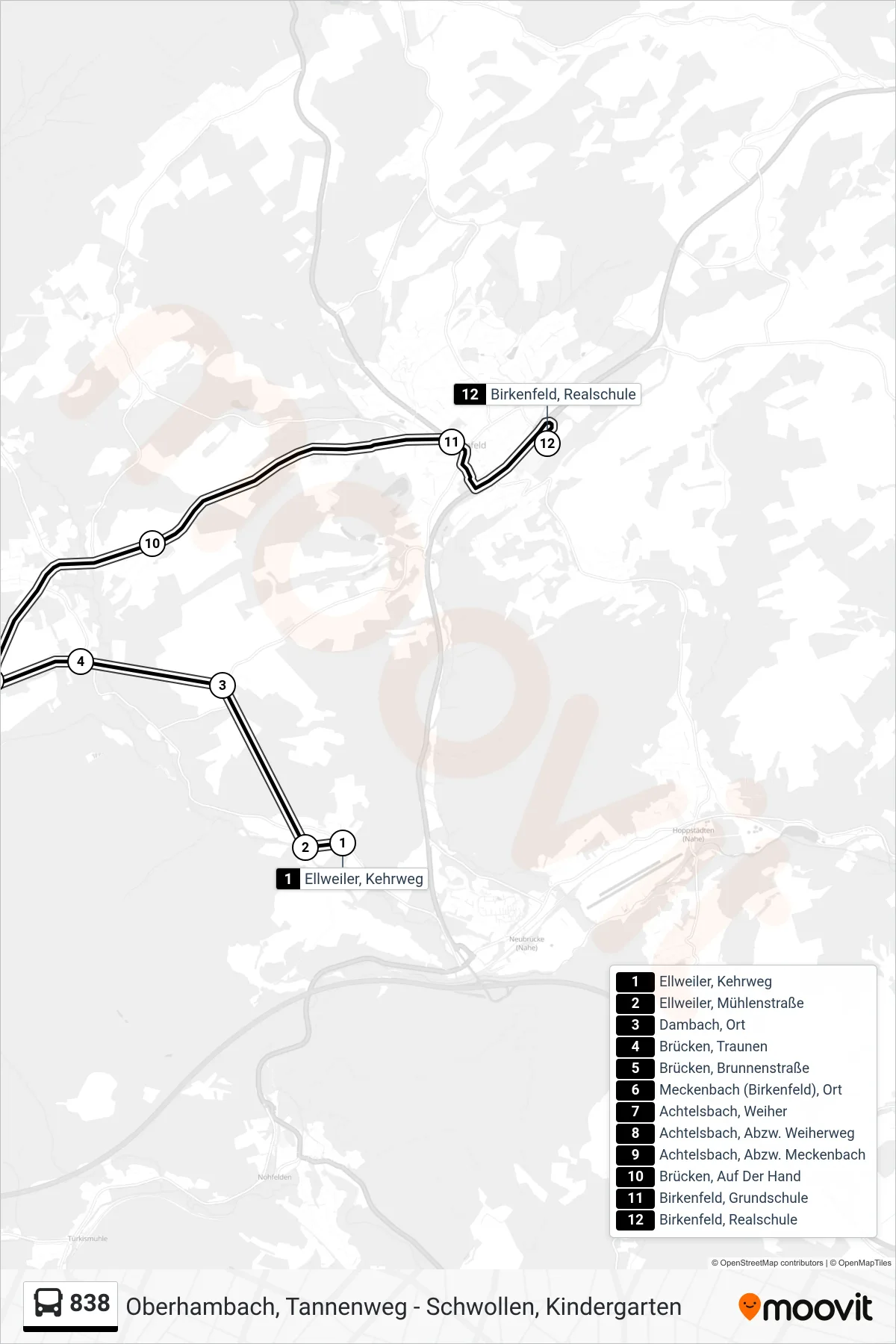838 bus Line (Birkenfeld, Realschule) route and stops on a map