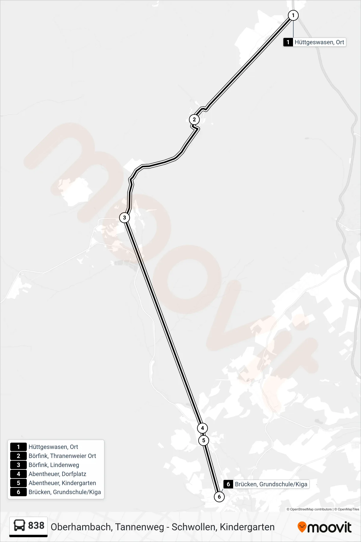 838 bus Line (Brücken, Grundschule/Kiga) route and stops on a map