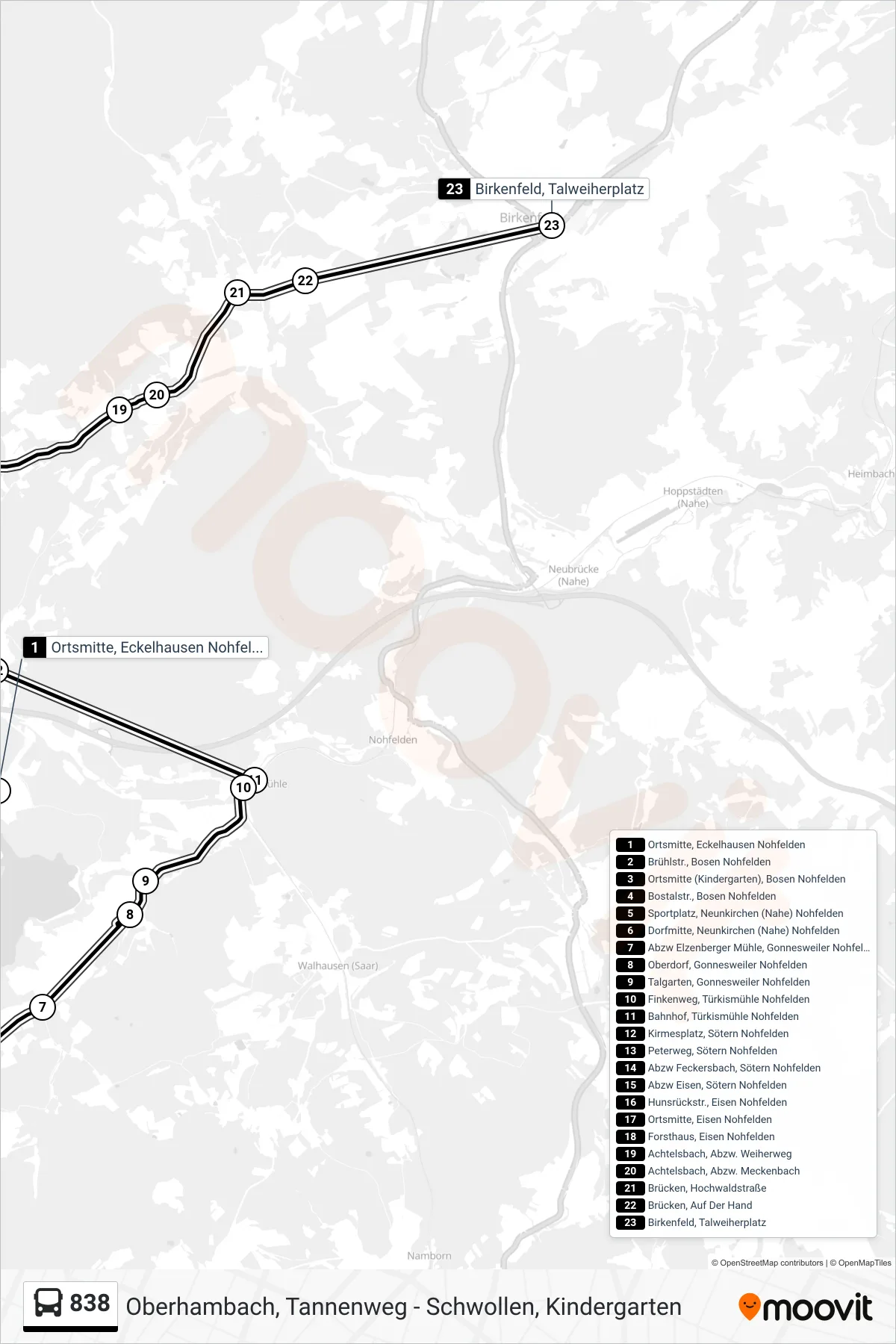 838 bus Line (Birkenfeld, Talweiherplatz) route and stops on a map
