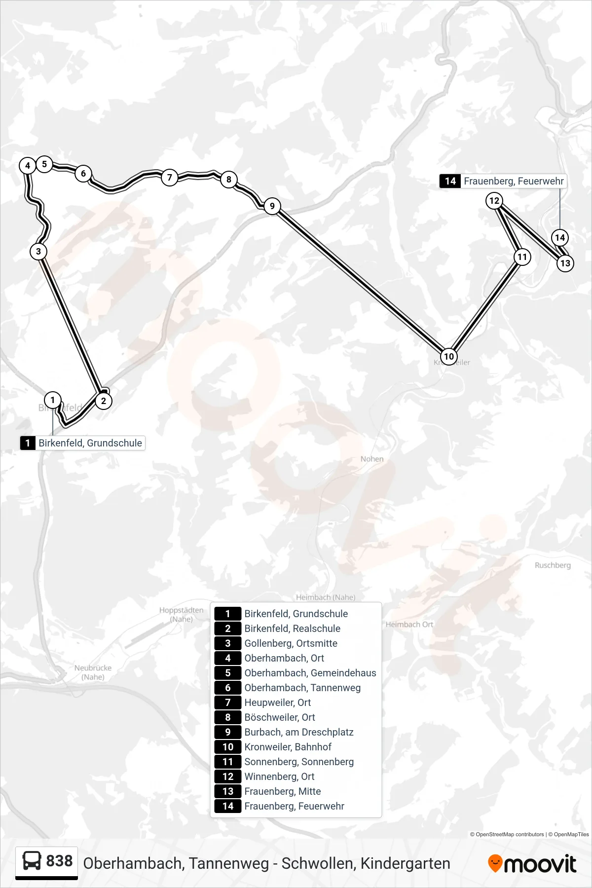 838 bus Line (Frauenberg, Feuerwehr) route and stops on a map