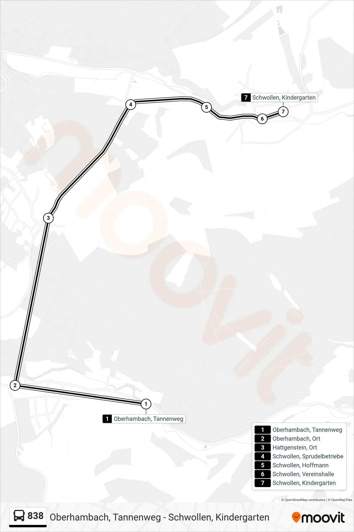 838 bus Line (Schwollen, Kindergarten) route and stops on a map