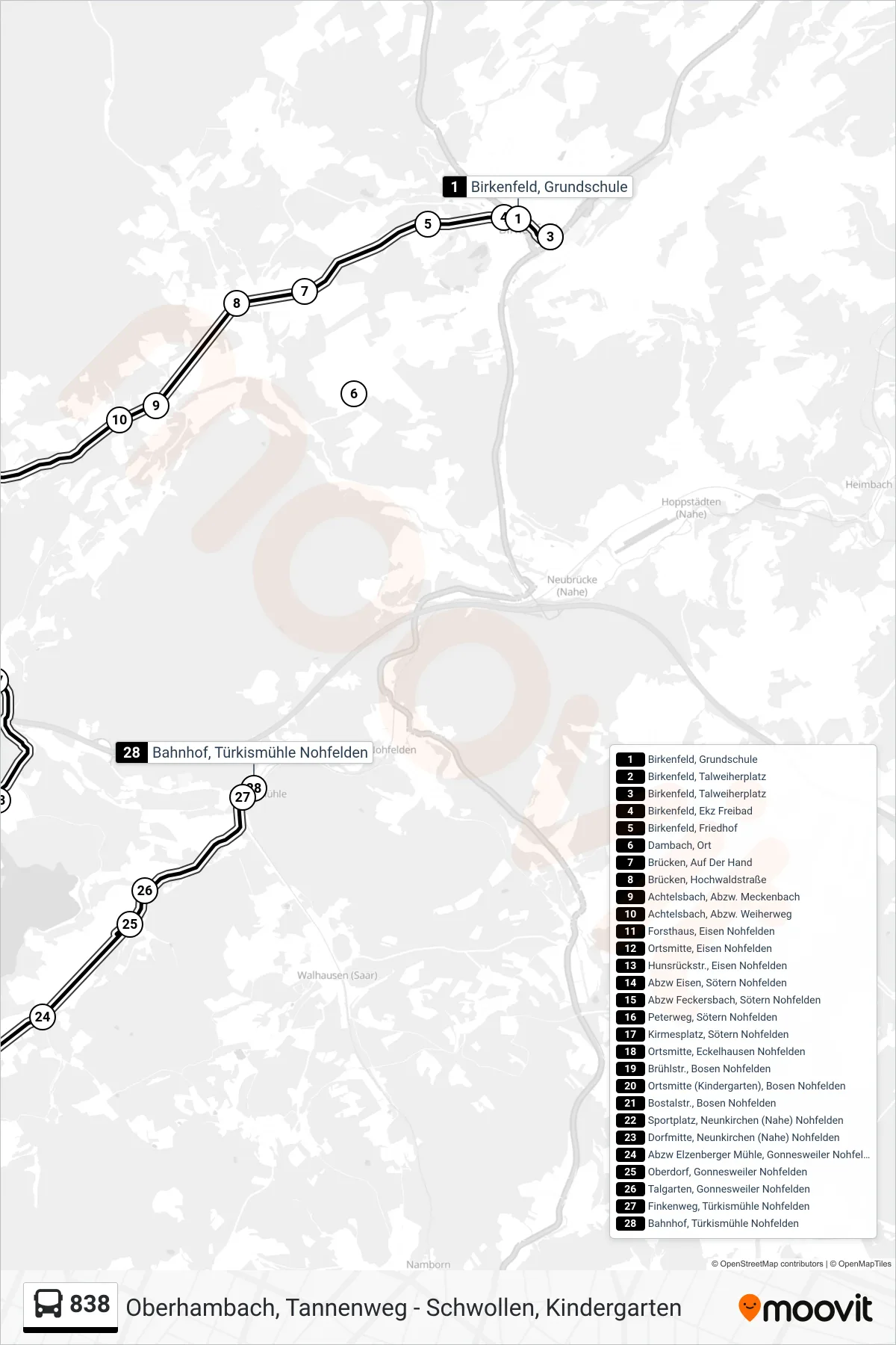 838 bus Line (Bahnhof, Türkismühle Nohfelden) route and stops on a map
