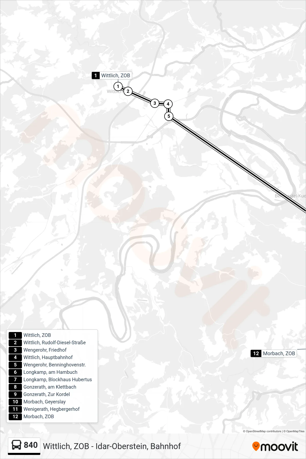 Linie 840 (Bus) Richtung Morbach, ZOB: Route und Haltestellen auf der Karte