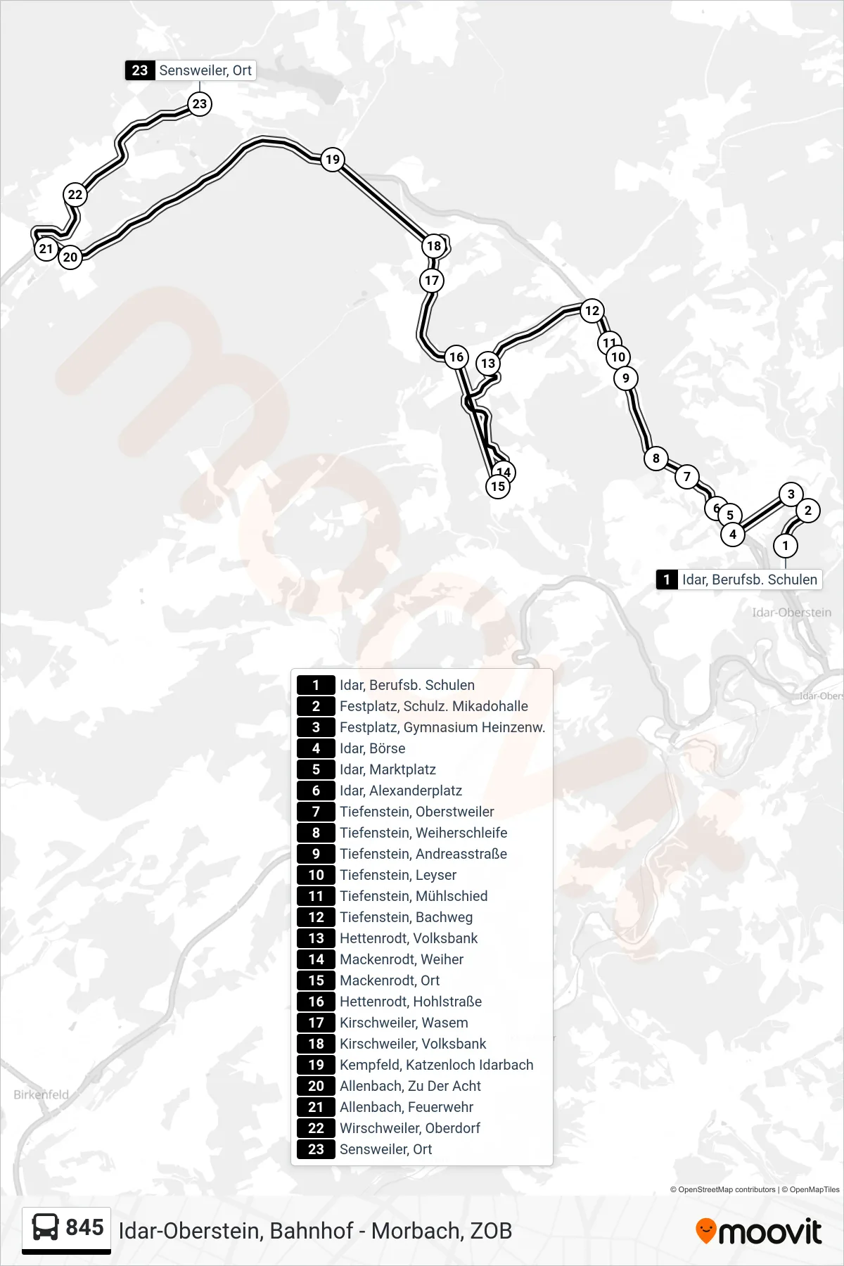 845 bus Line (Sensweiler, Ort) route and stops on a map
