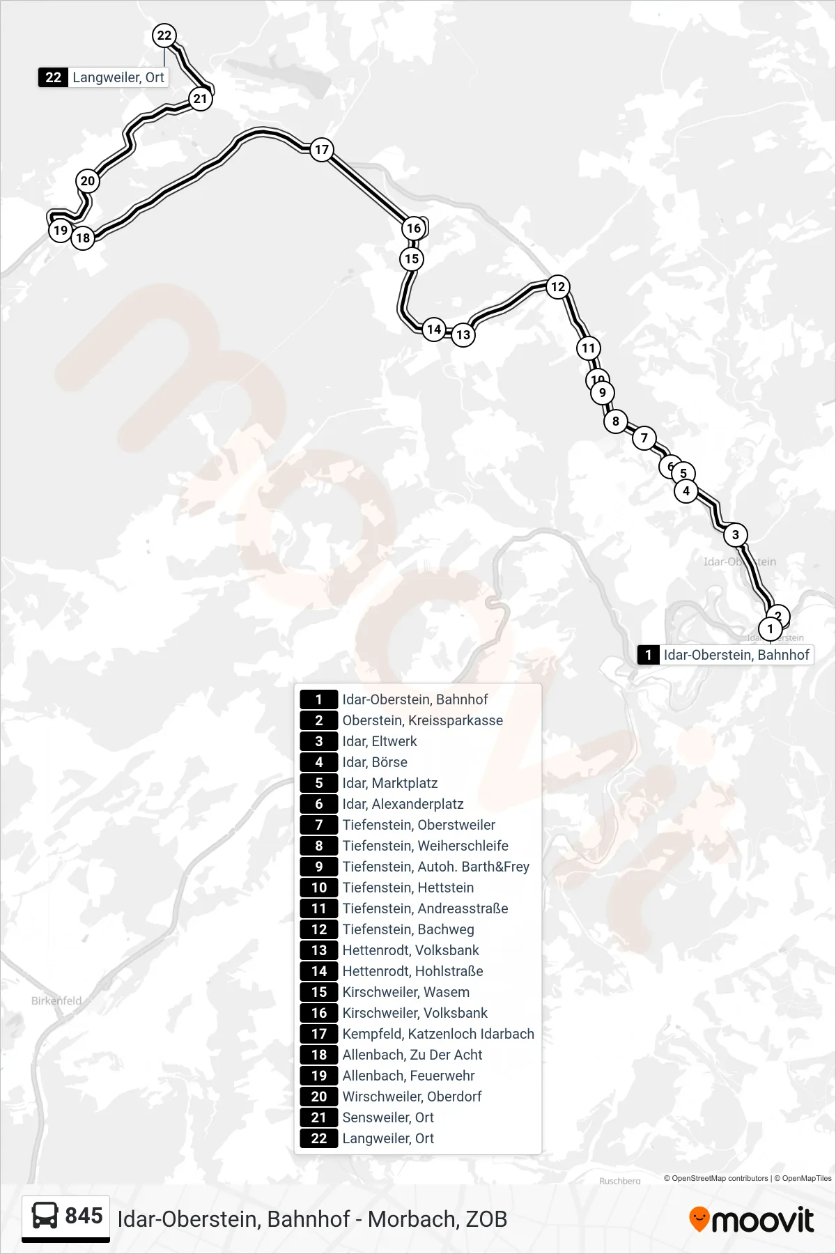 845 bus Line (Langweiler, Ort) route and stops on a map