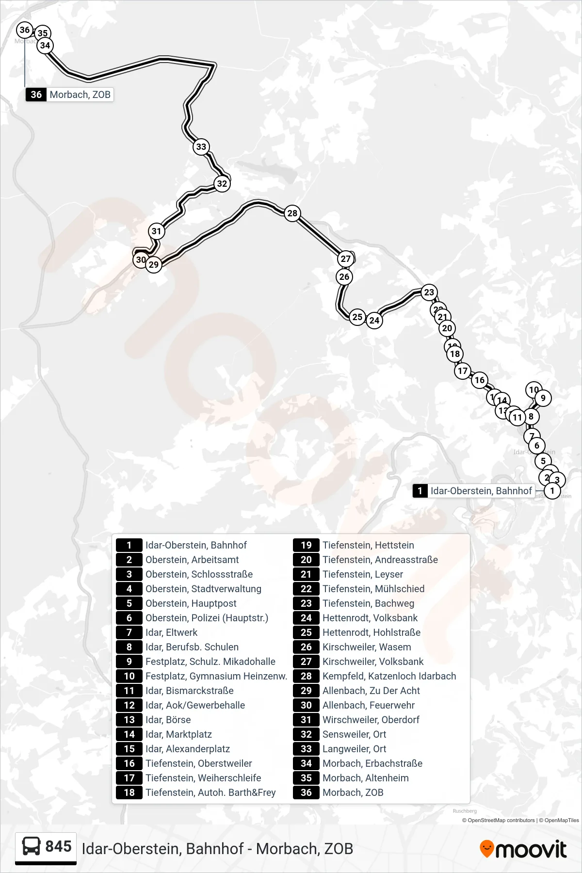 845 bus Line (Morbach, ZOB) route and stops on a map