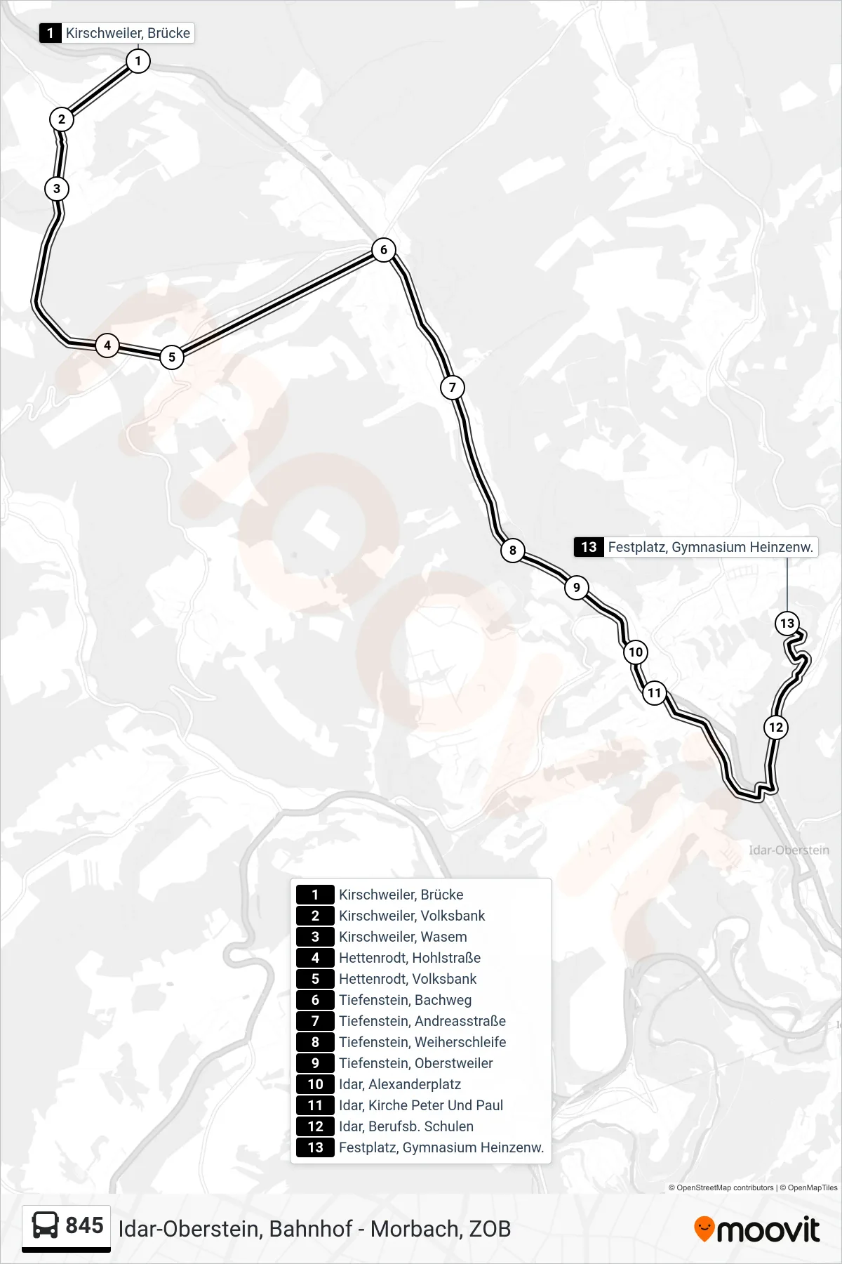 845 bus Line (Festplatz, Gymnasium Heinzenw.) route and stops on a map