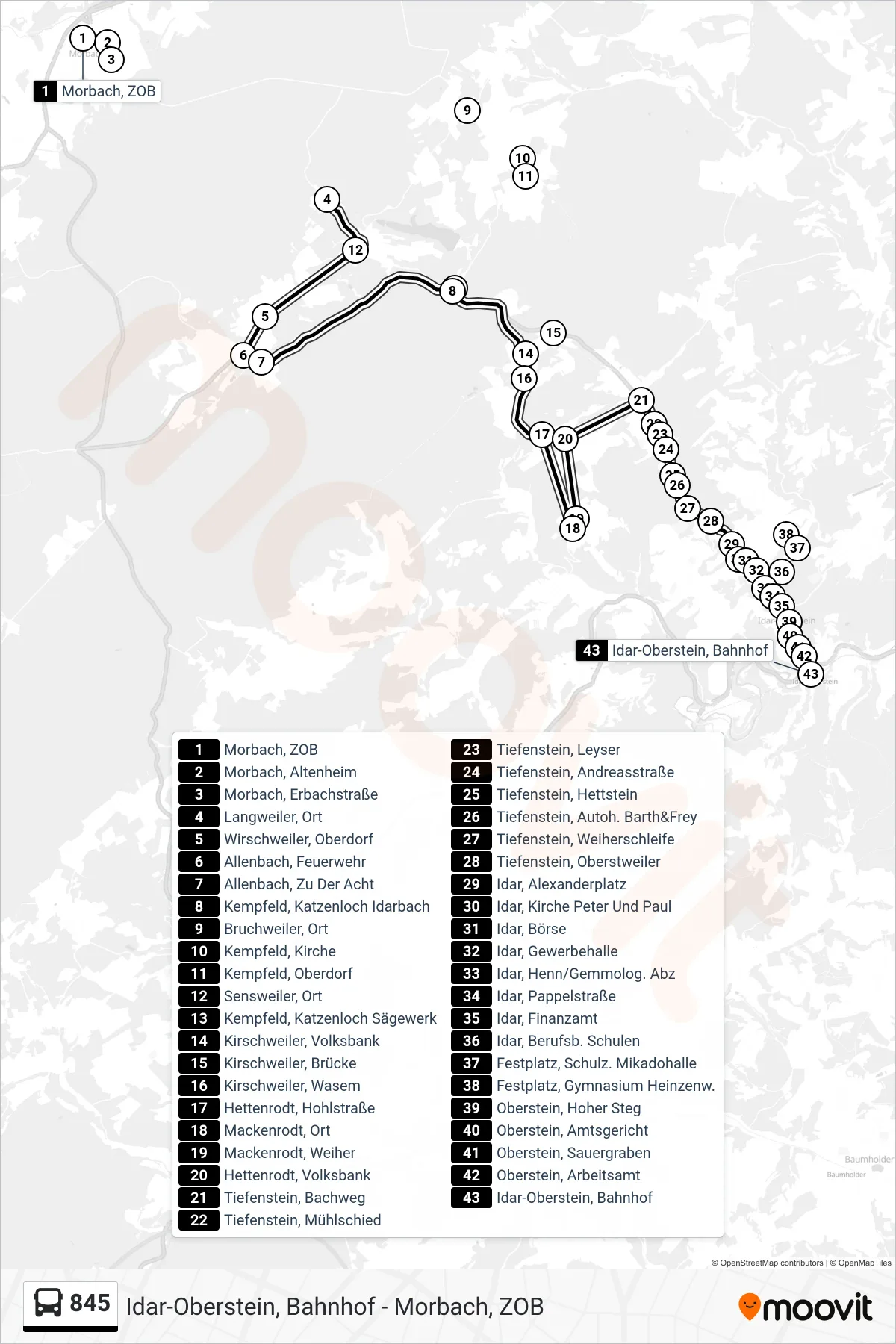 845 bus Line (Idar-Oberstein, Bahnhof) route and stops on a map