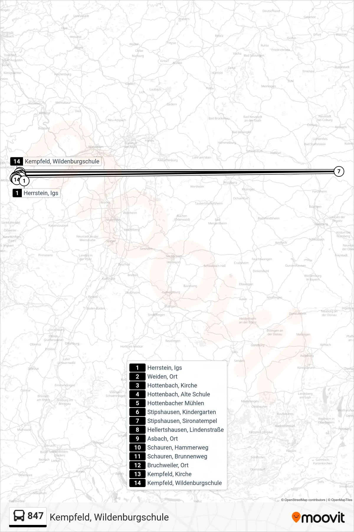 847 bus Line (Kempfeld, Wildenburgschule) route and stops on a map