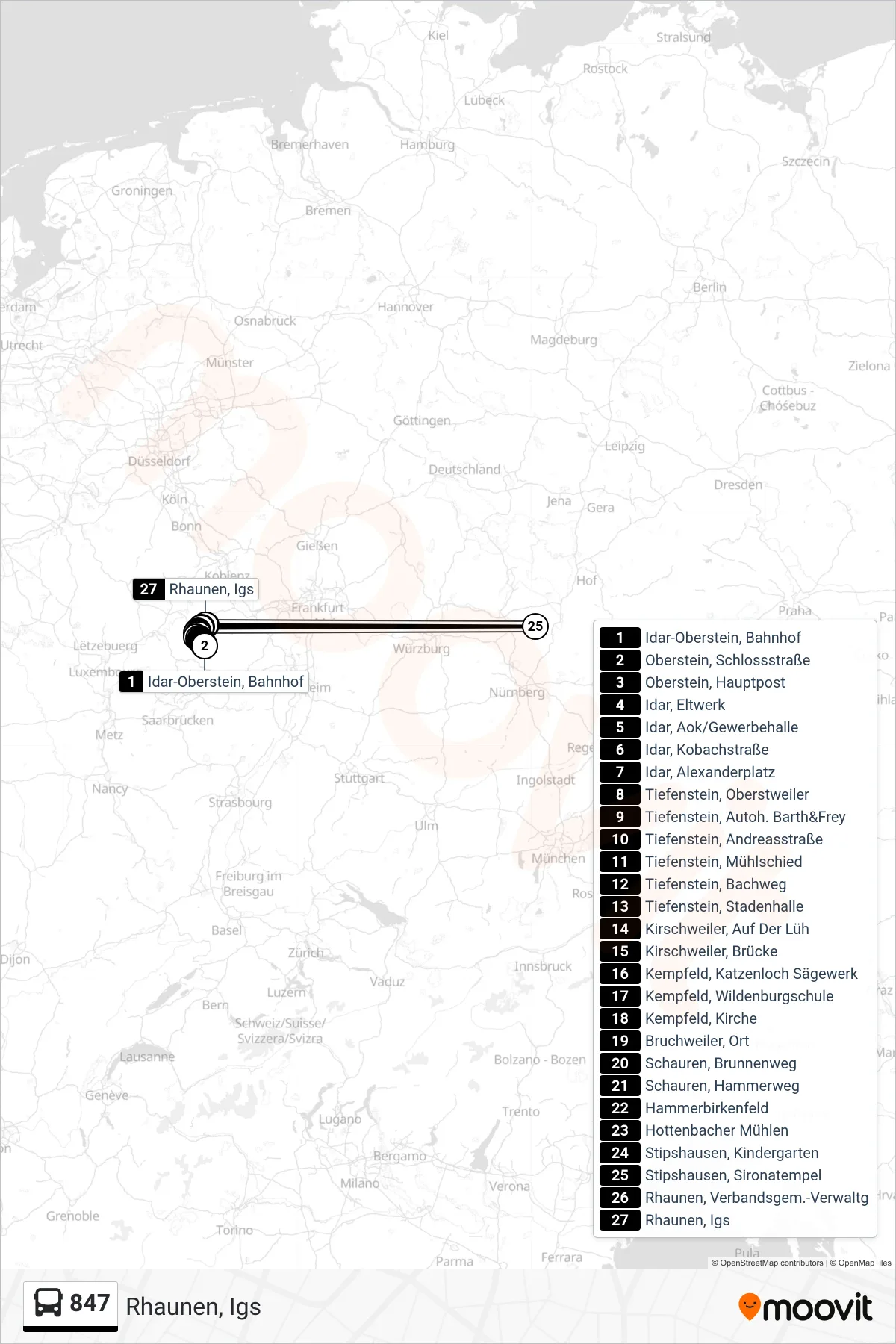 847 bus Line (Rhaunen, Igs) route and stops on a map