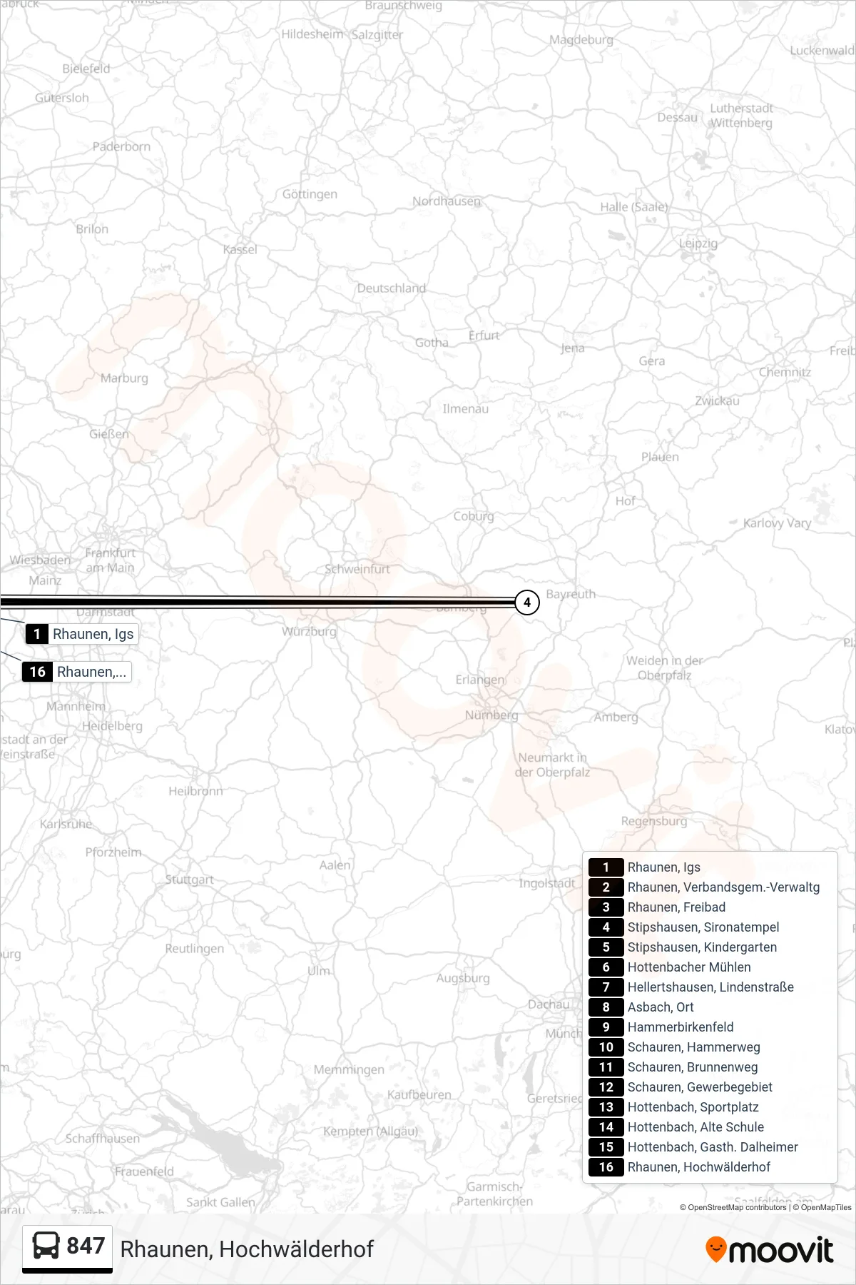 847 bus Line (Rhaunen, Hochwälderhof) route and stops on a map