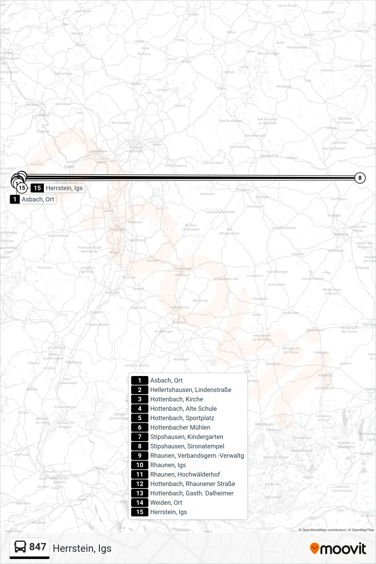 847 bus Line (Herrstein, Igs) route and stops on a map