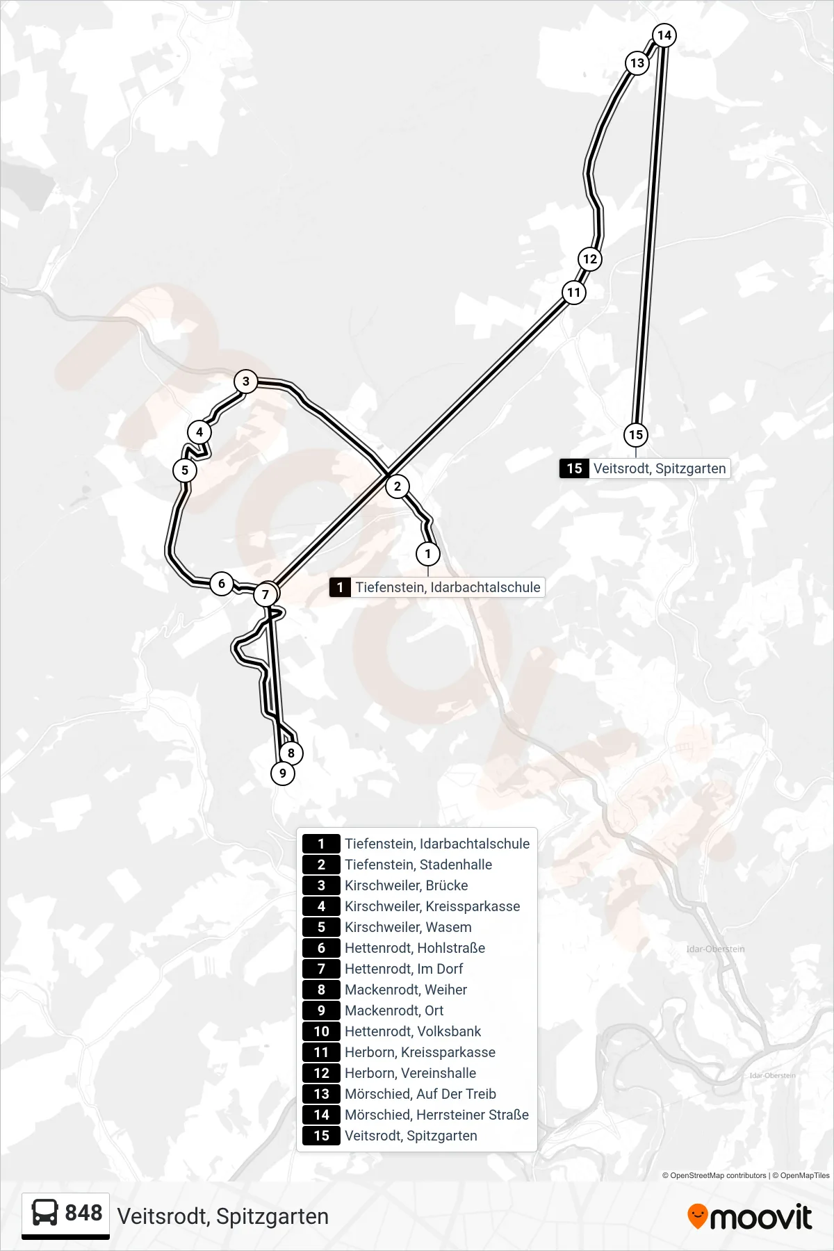 848 bus Line (Veitsrodt, Spitzgarten) route and stops on a map