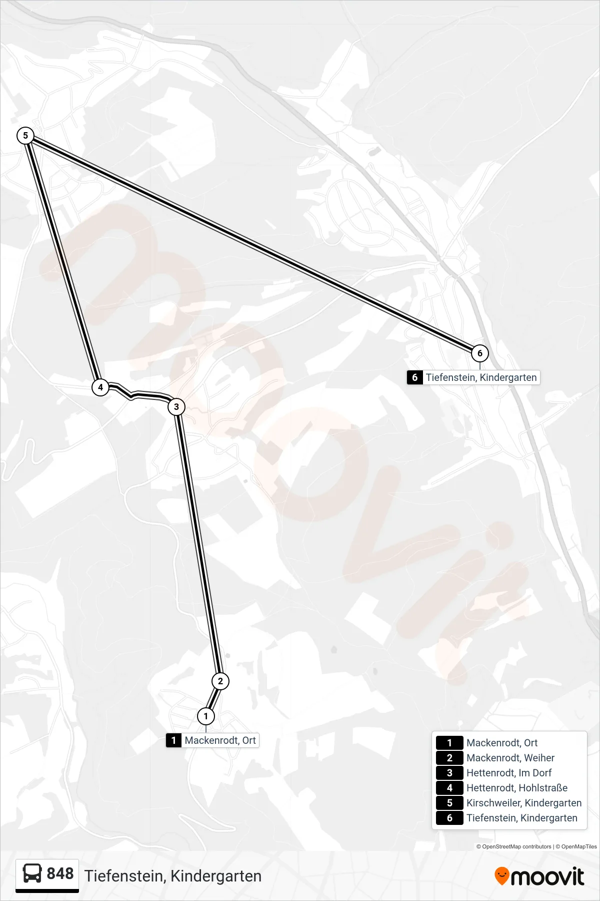848 bus Line (Tiefenstein, Kindergarten) route and stops on a map