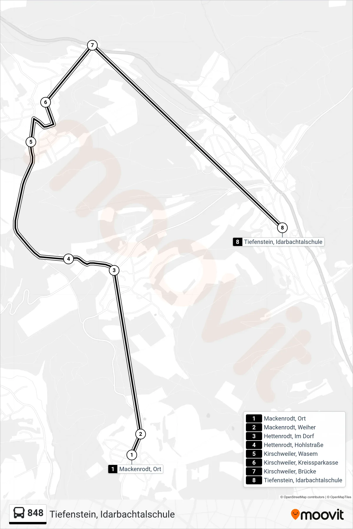 848 bus Line (Tiefenstein, Idarbachtalschule) route and stops on a map