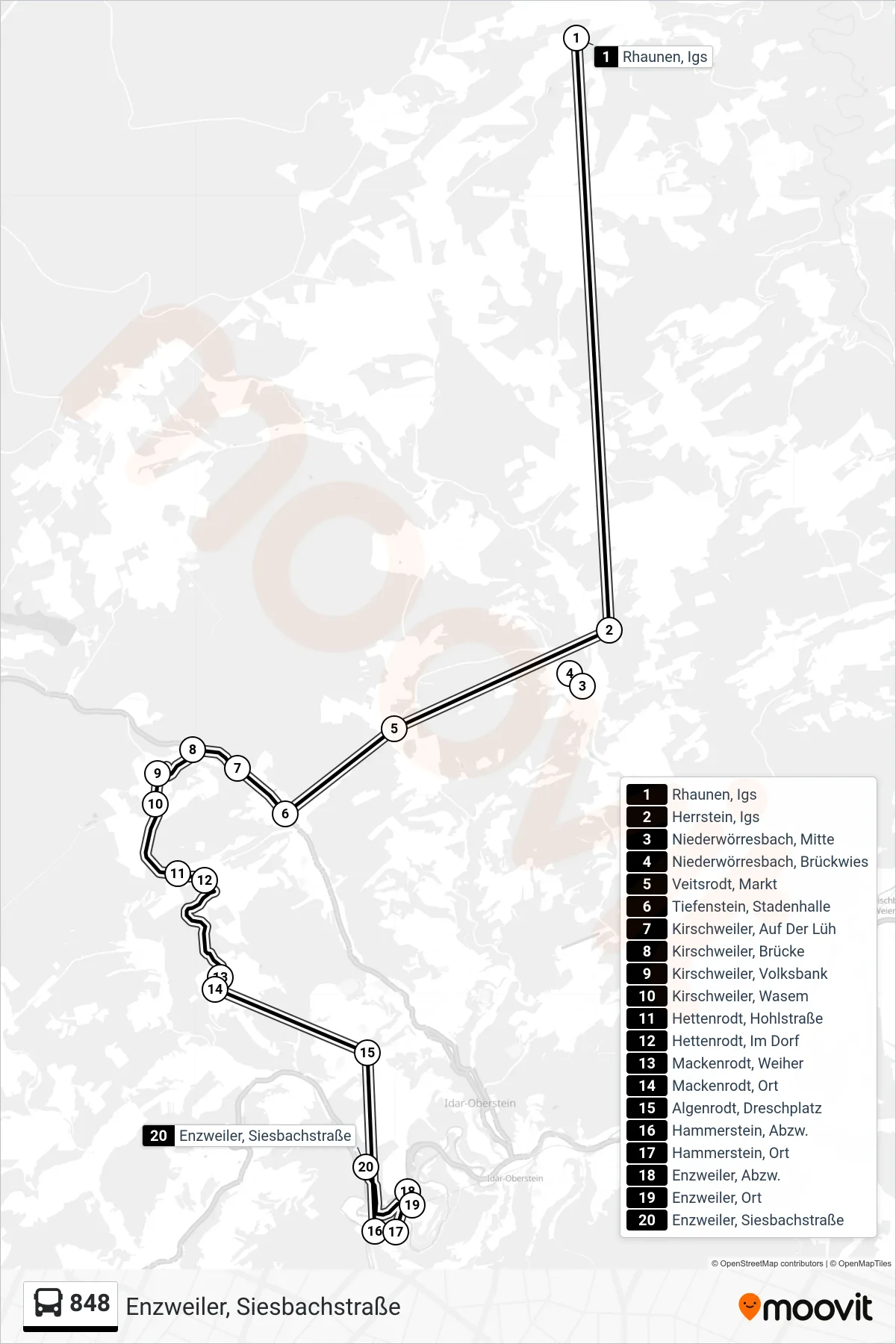 848 bus Line (Enzweiler, Siesbachstraße) route and stops on a map
