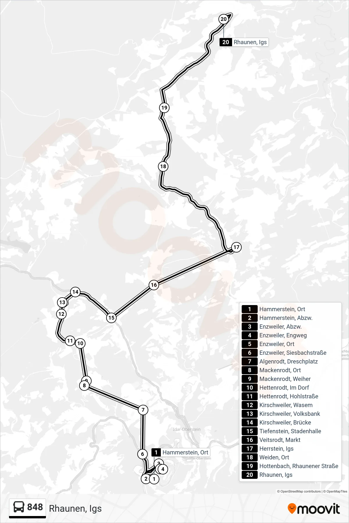 Linie 848 (Bus) Richtung Rhaunen, Igs: Route und Haltestellen auf der Karte