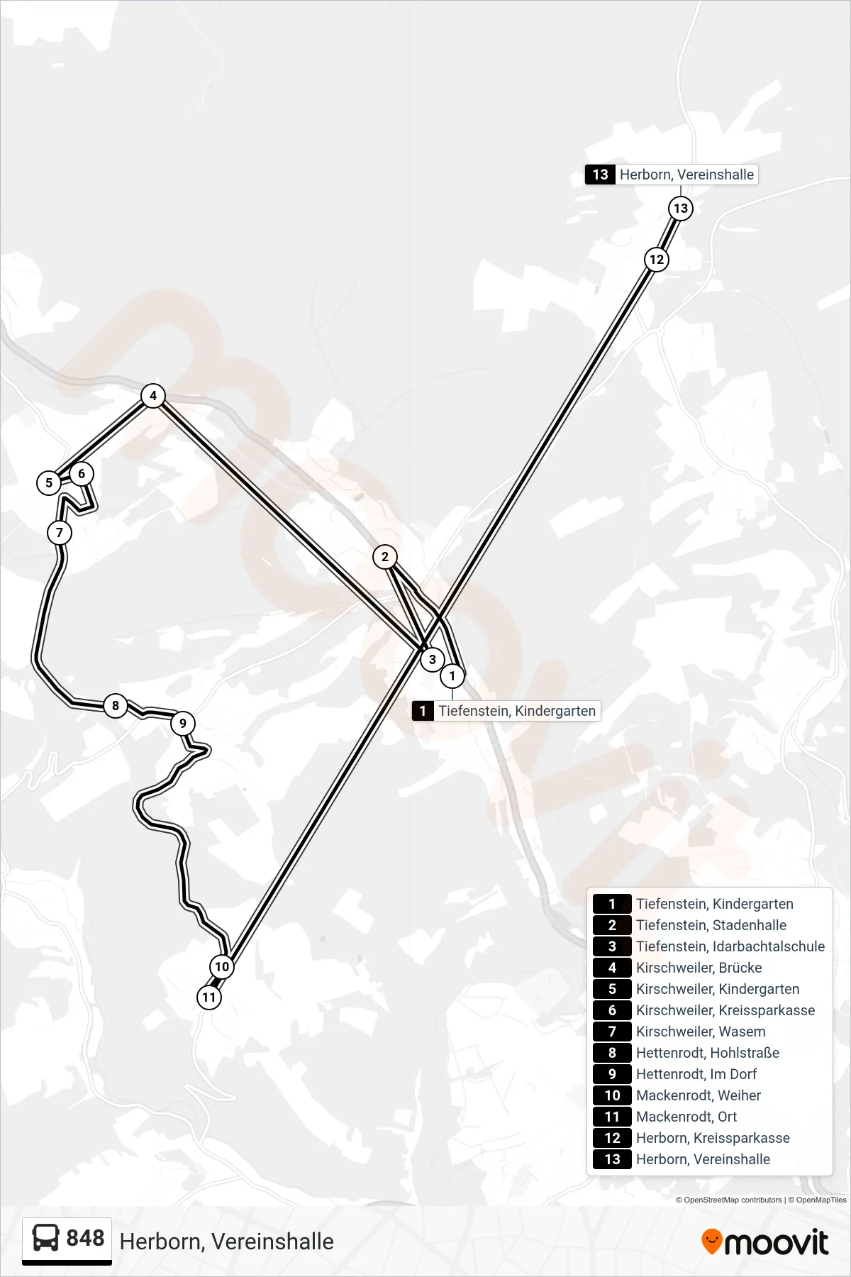 848 bus Line (Herborn, Vereinshalle) route and stops on a map