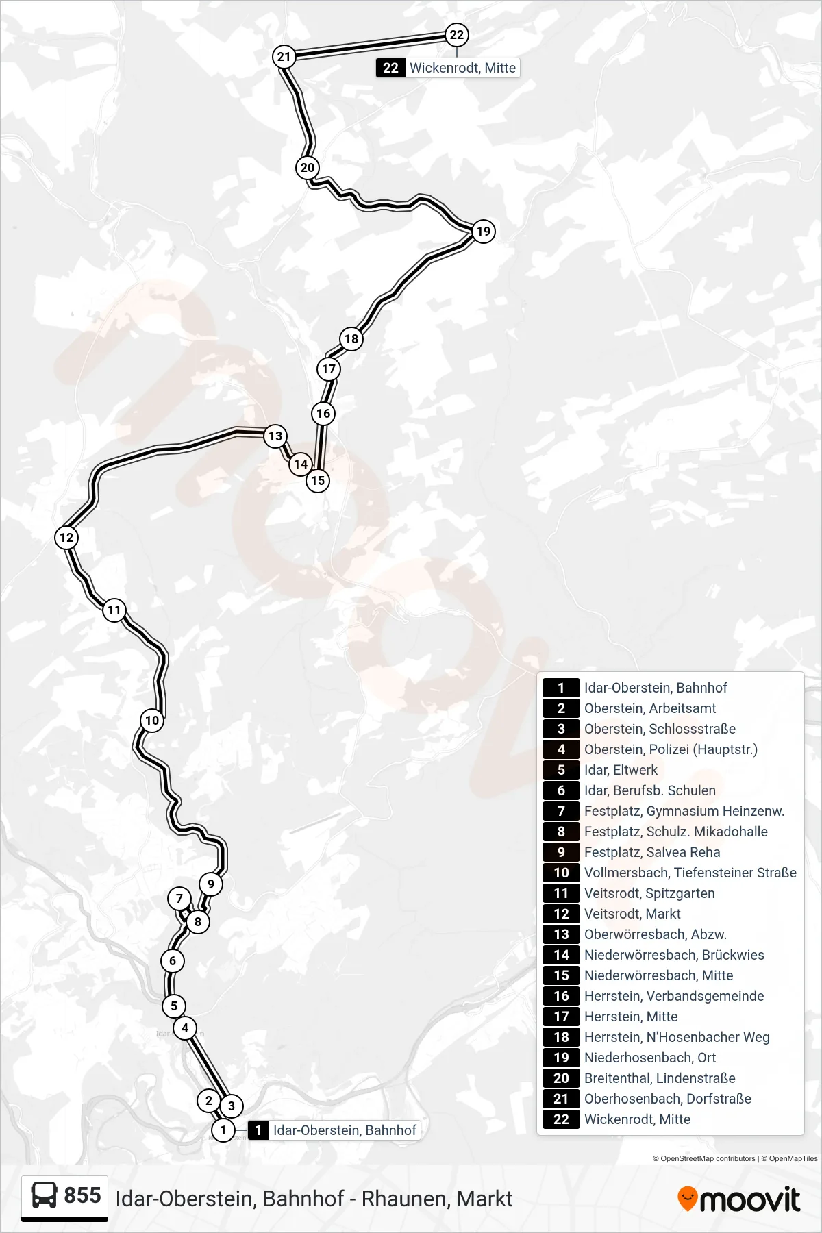 855 bus Line (Wickenrodt, Mitte) route and stops on a map