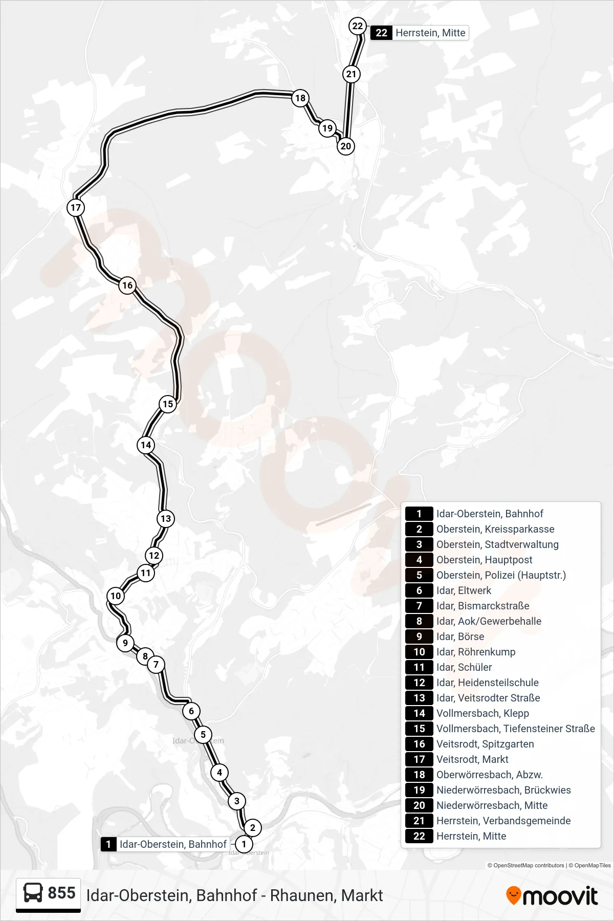 855 bus Line (Herrstein, Mitte) route and stops on a map