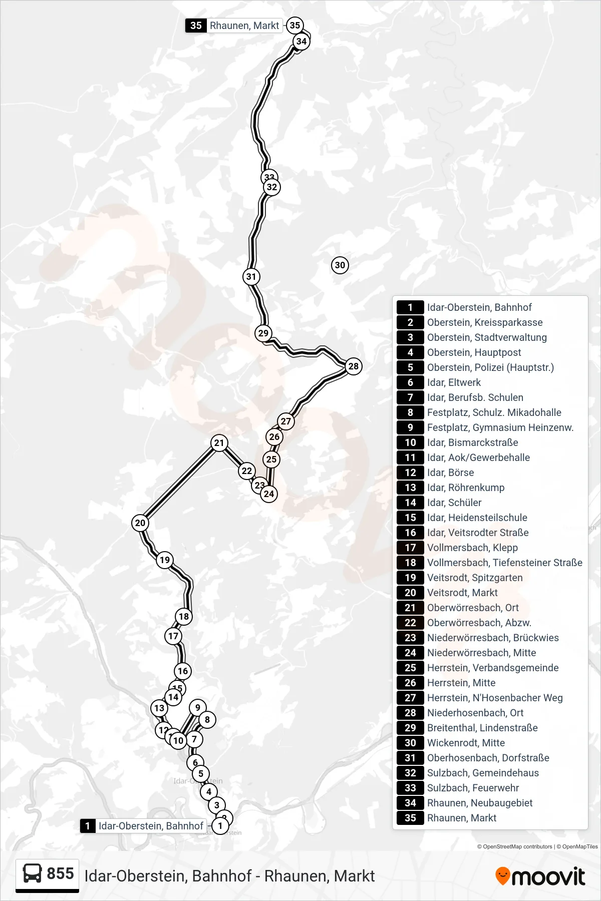 Linie 855 (Bus) Richtung Rhaunen, Markt: Route und Haltestellen auf der Karte