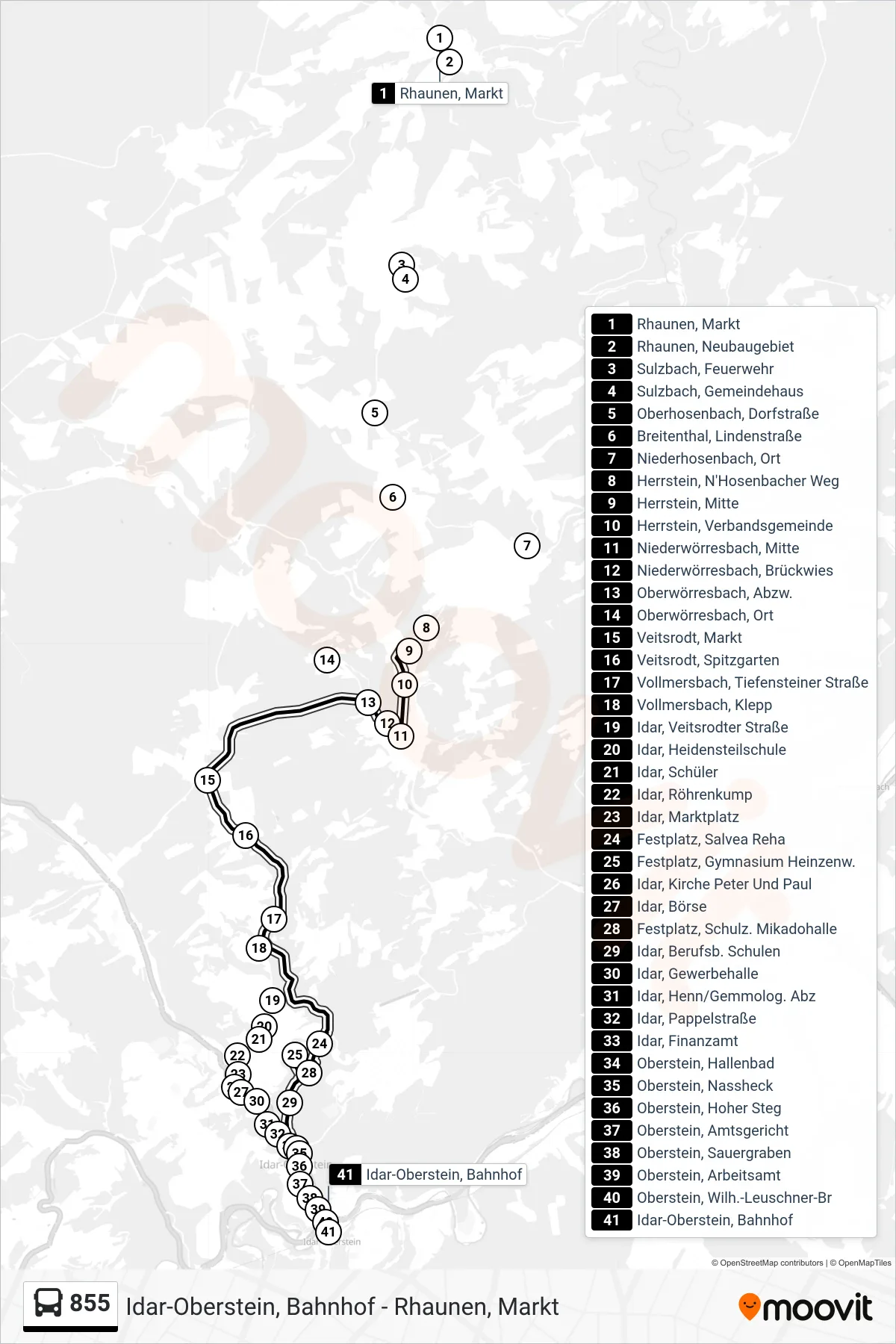 855 bus Line (Idar-Oberstein, Bahnhof) route and stops on a map